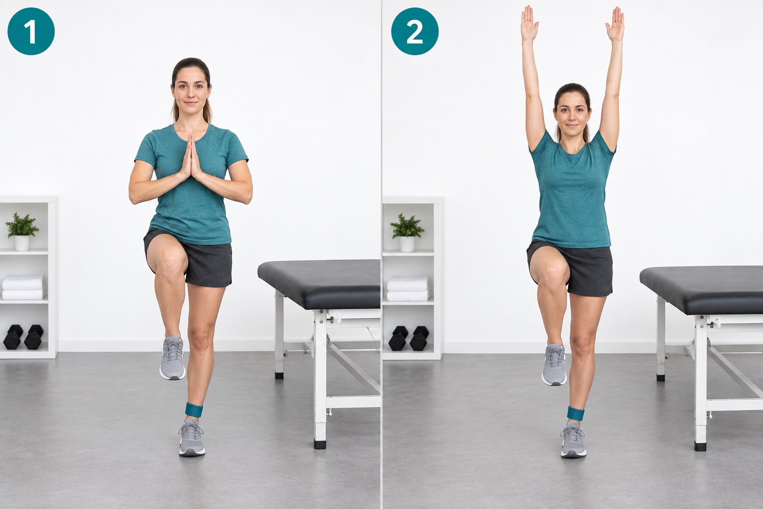 Single Leg Stance Overhead Reach: start and finish positions