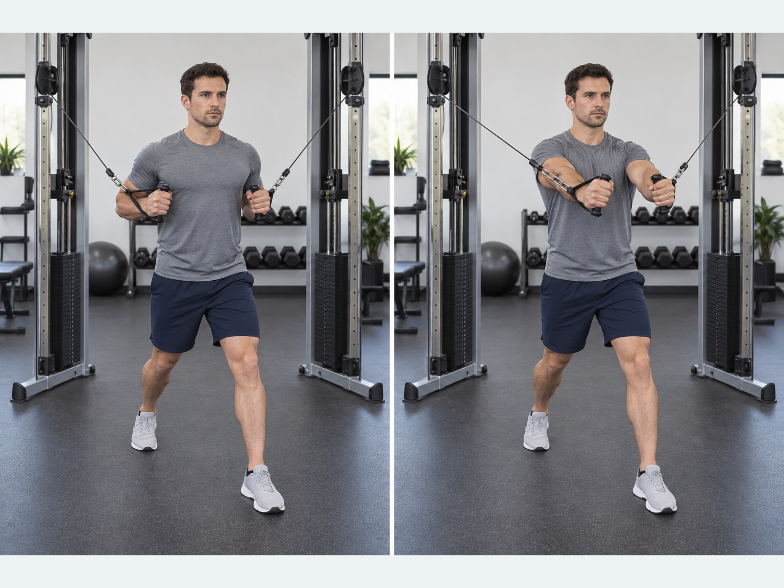 Split-Stance Cable Chest Press: start and finish positions