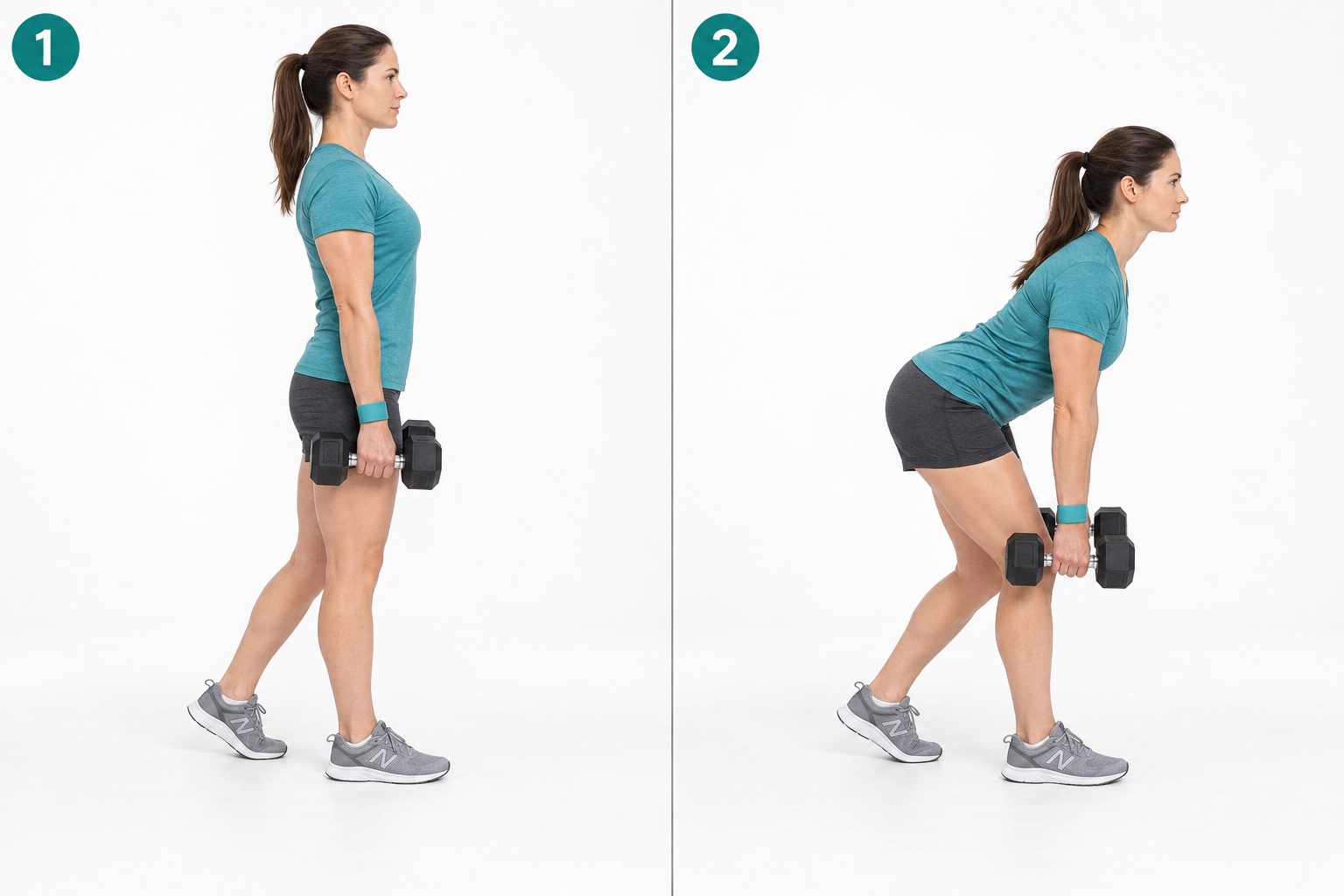 Staggered Dumbbell Deadlift: start and finish positions