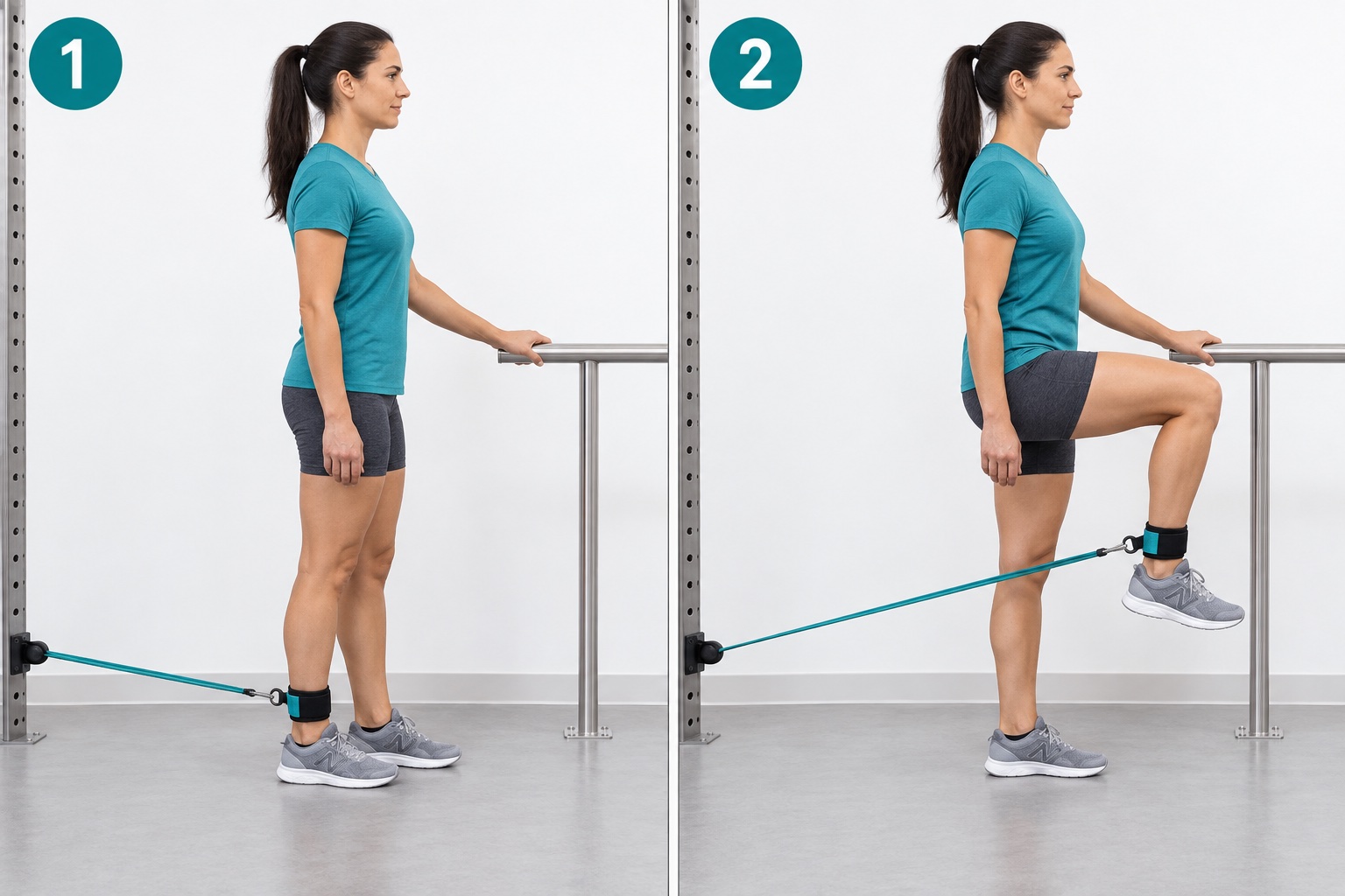 Standing Band Knee Drive: start and finish positions