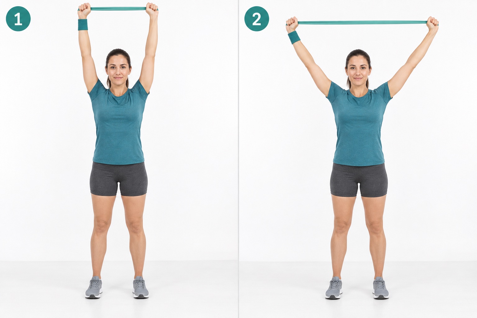Standing Band Overhead Pull Apart: start and finish positions