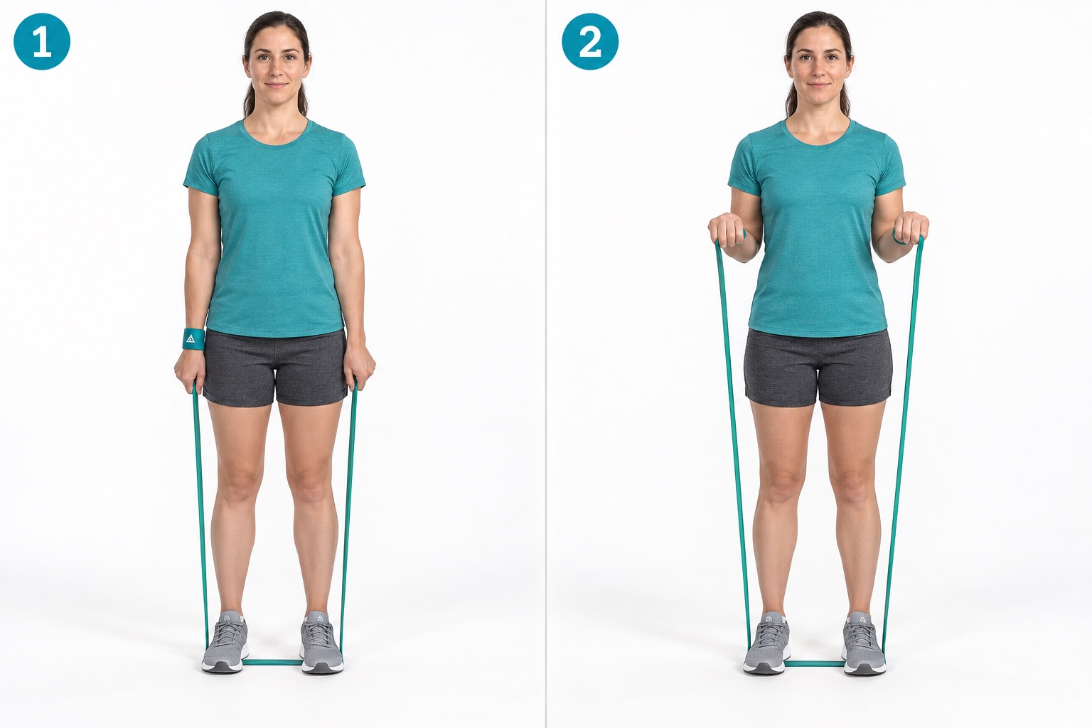 Standing Band Reverse Curl: start and finish positions