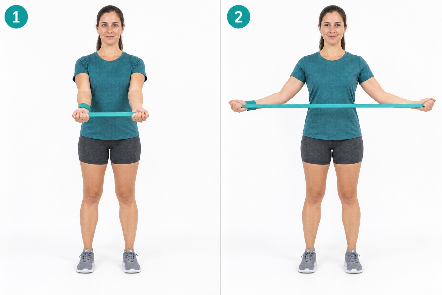Standing Band Underhand Pull Apart: start and finish positions