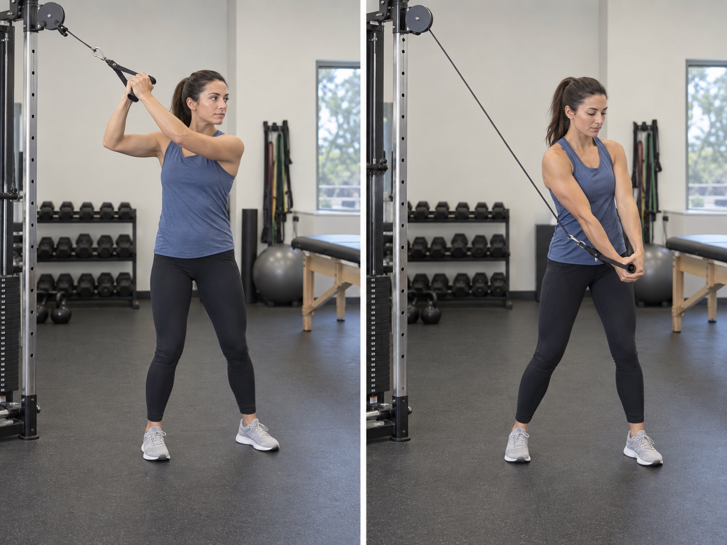Standing Cable High-to-Low Chop: start and finish positions