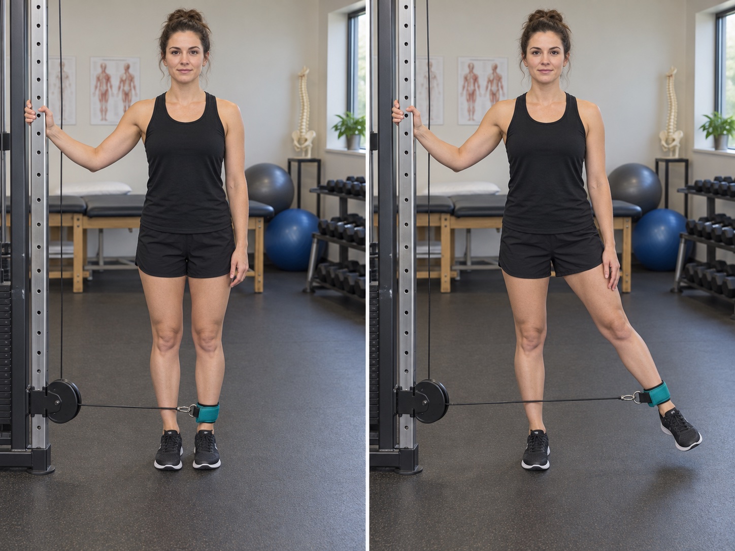 Standing Cable Hip Abduction: start and finish positions