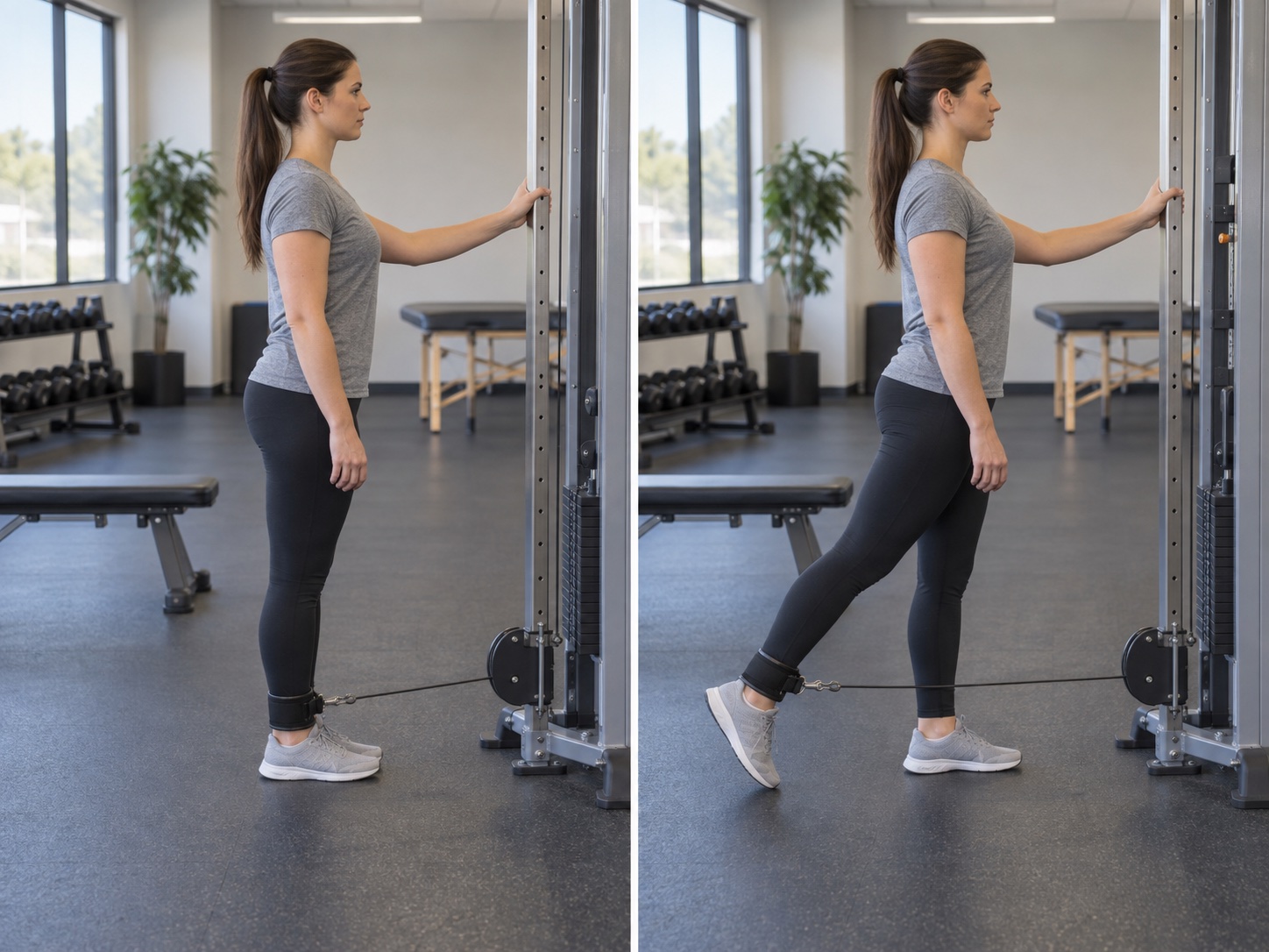 Standing Cable Hip Extension: start and finish positions