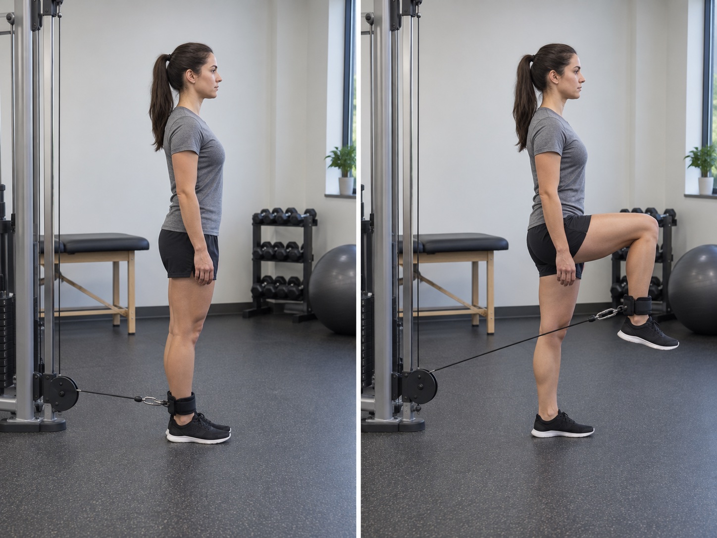 Standing Cable Hip Flexion: start and finish positions