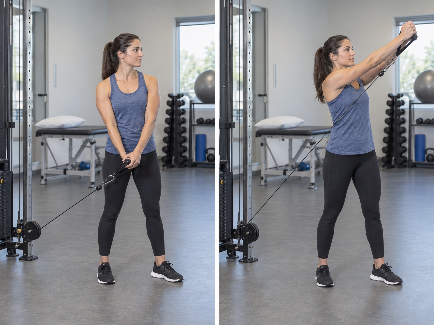 Standing Cable Low-to-High Lift: start and finish positions