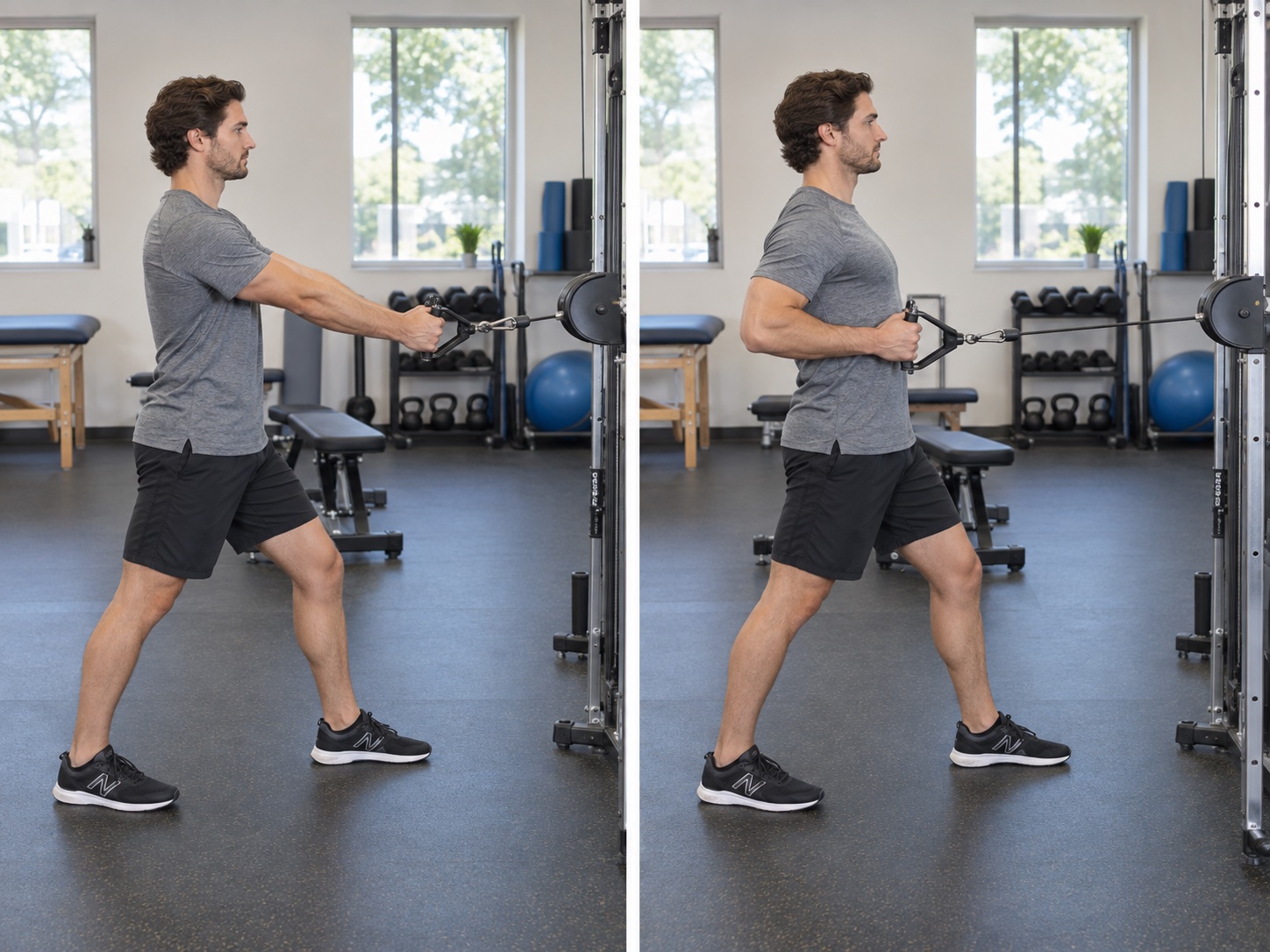 Standing Cable Row in Split Stance: start and finish positions