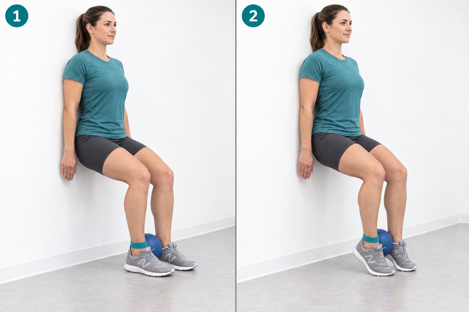 Standing Calf Raise Ball Between Heels Wall Sit: start and finish positions