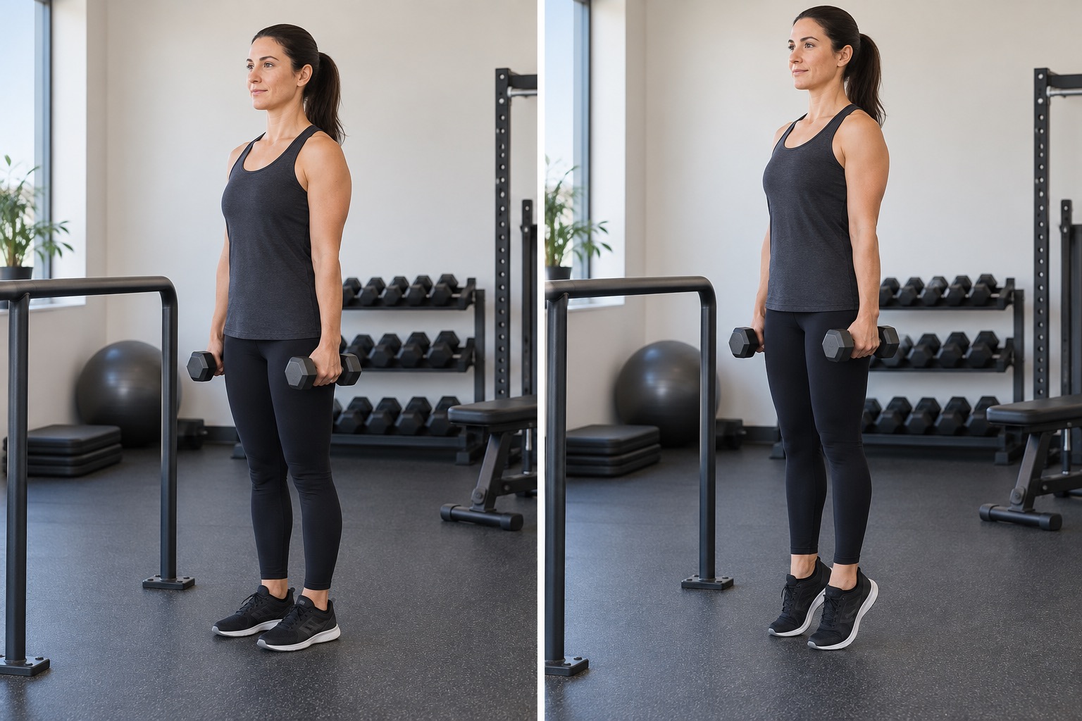 Standing Calf Raise Dumbbells: start and finish positions