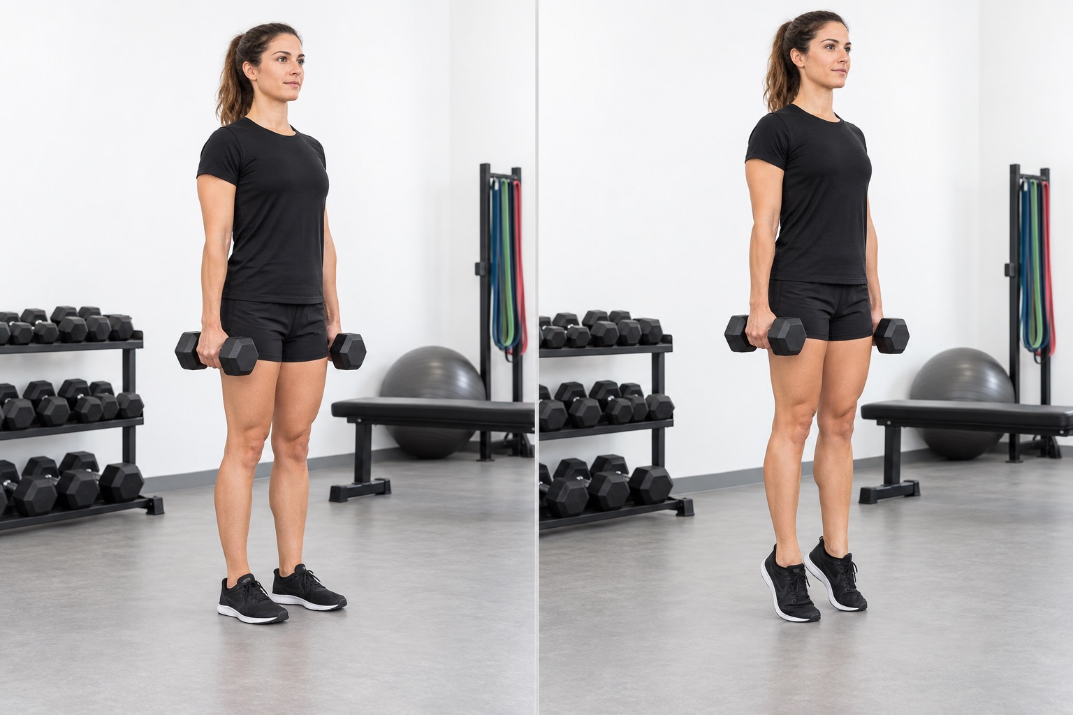 Standing Dumbbell Calf Raise: start and finish positions