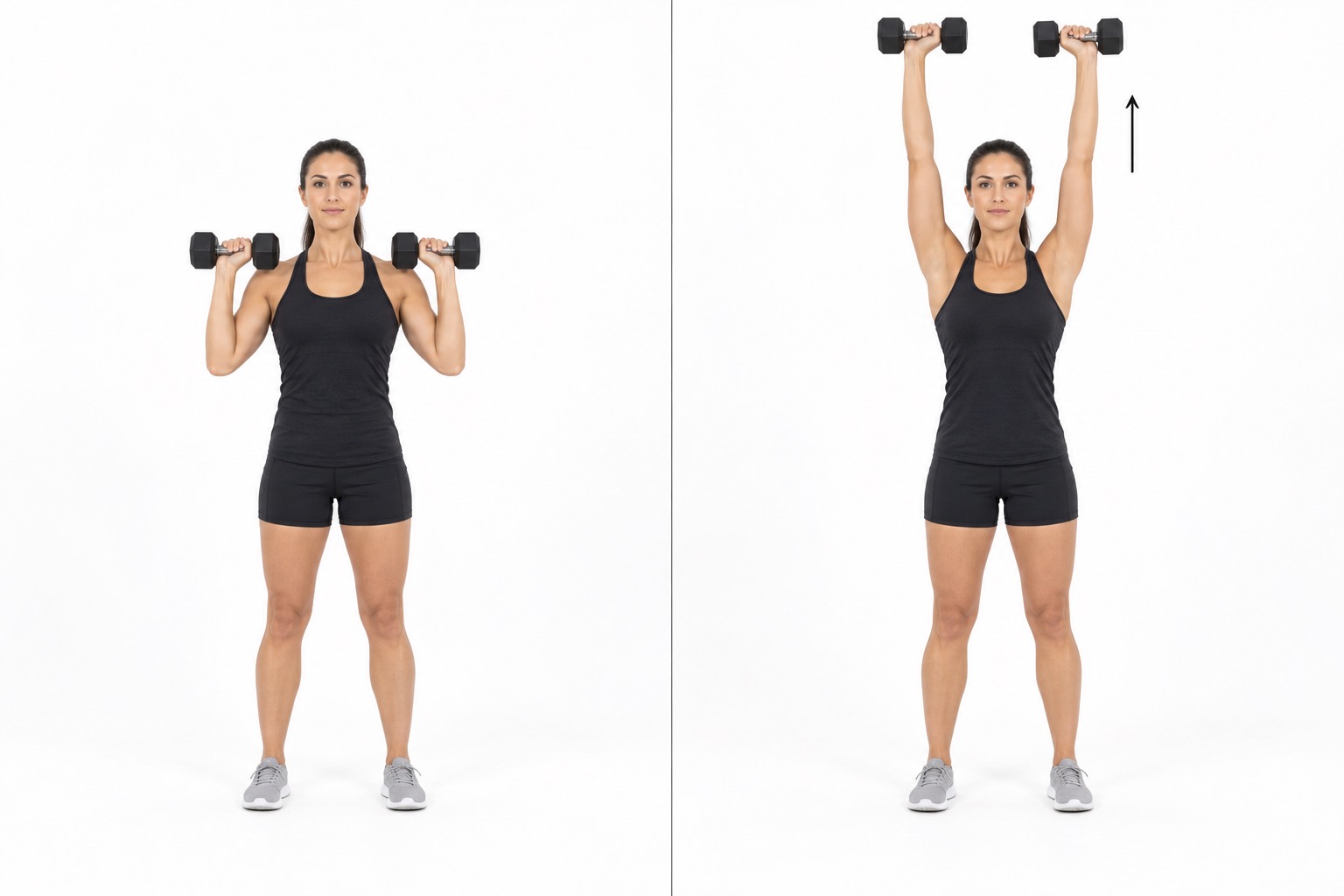 Standing Dumbbell Overhead Press: start and finish positions