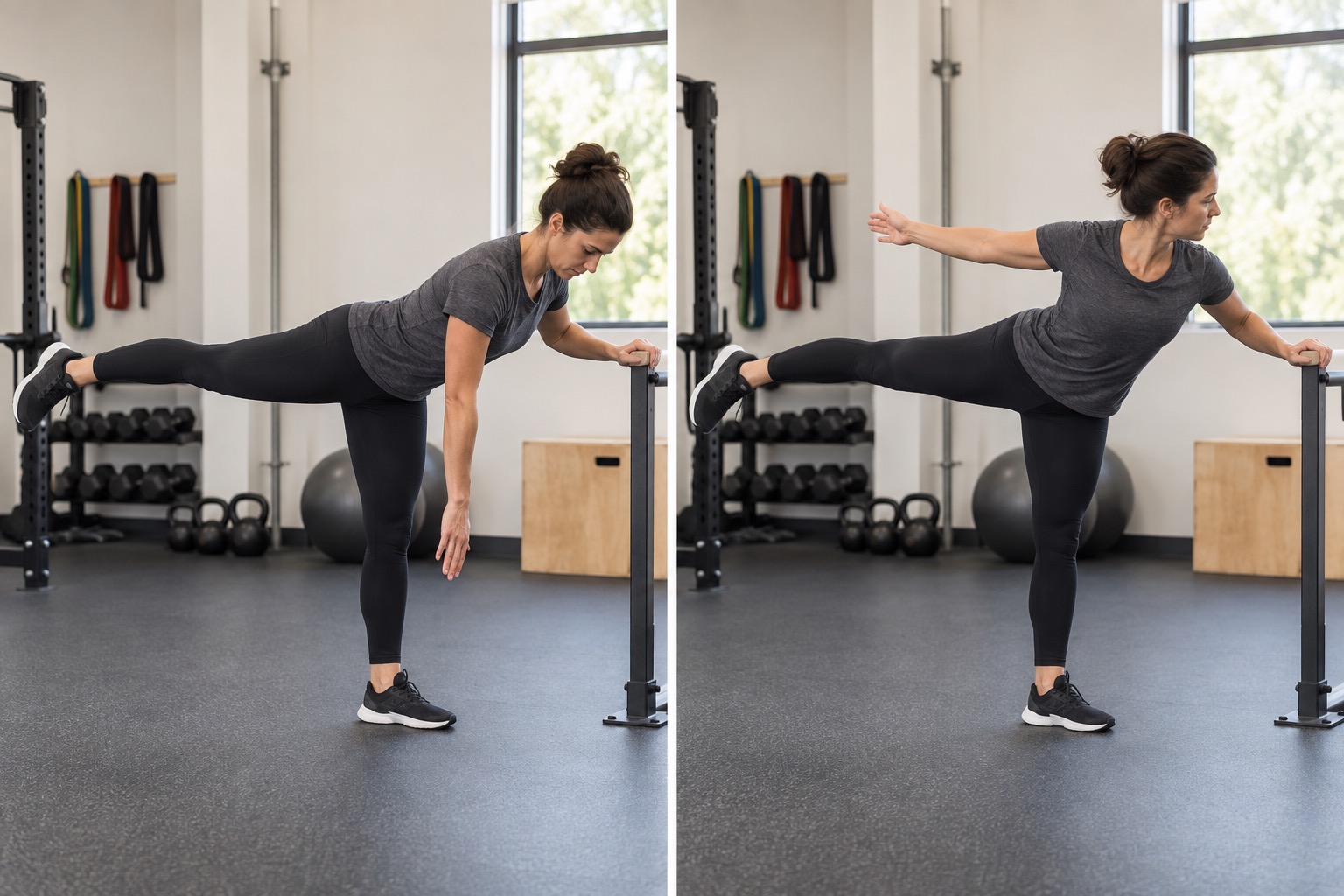 Standing Hip Airplane Supported: start and finish positions
