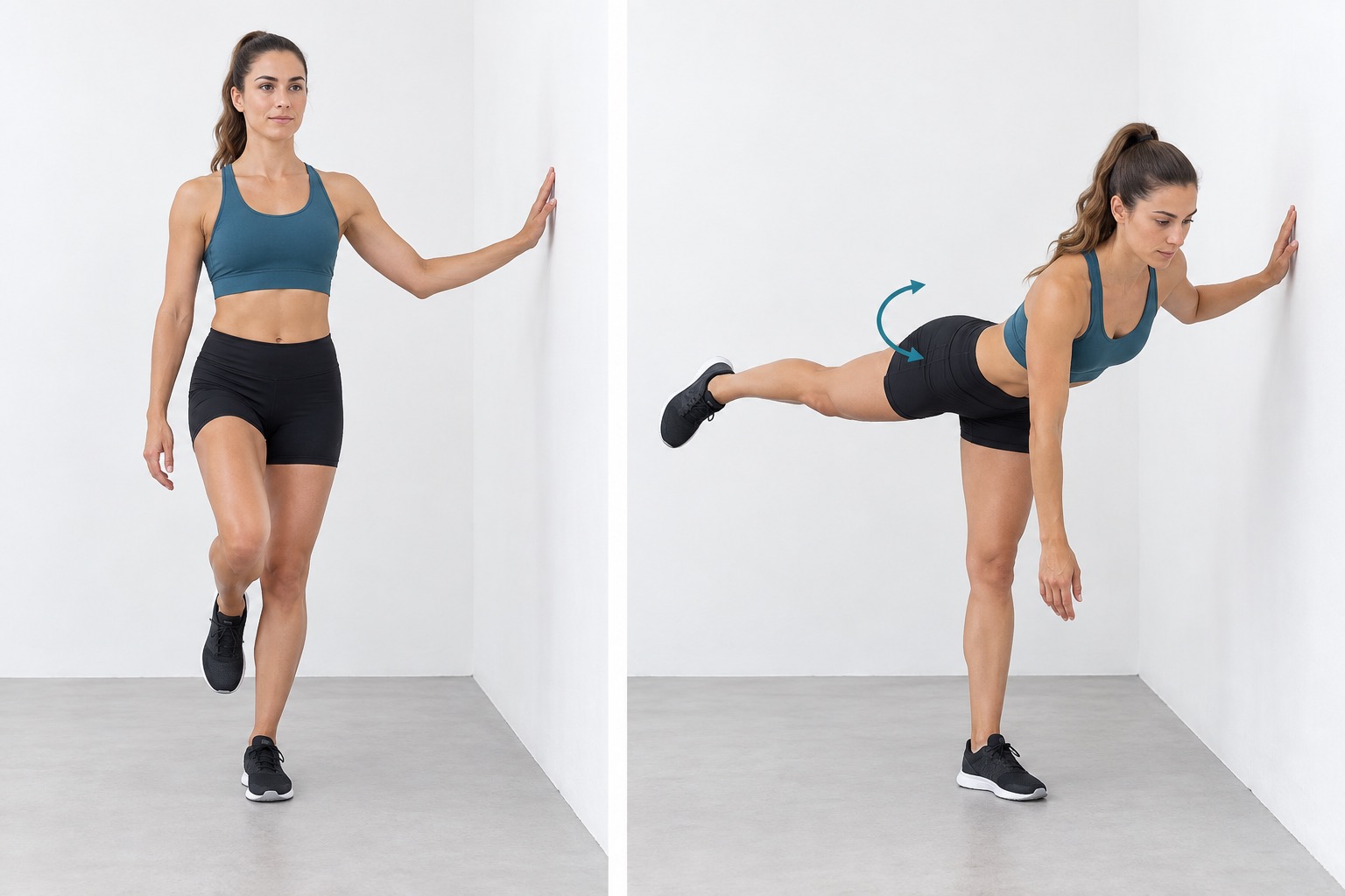 Standing Hip Airplane Wall Support: start and finish positions