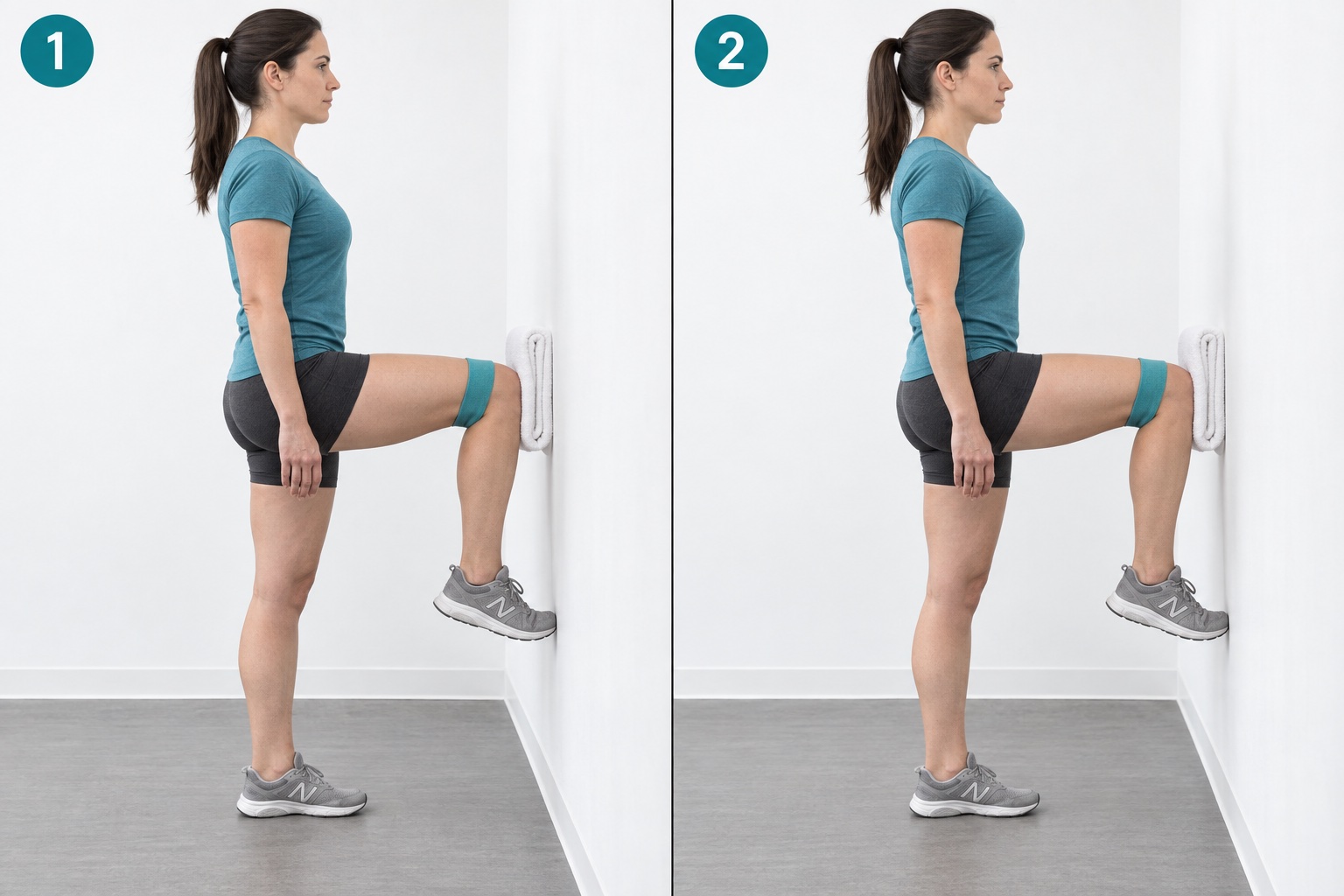 Standing Hip Flexion Wall Isometric: start and finish positions