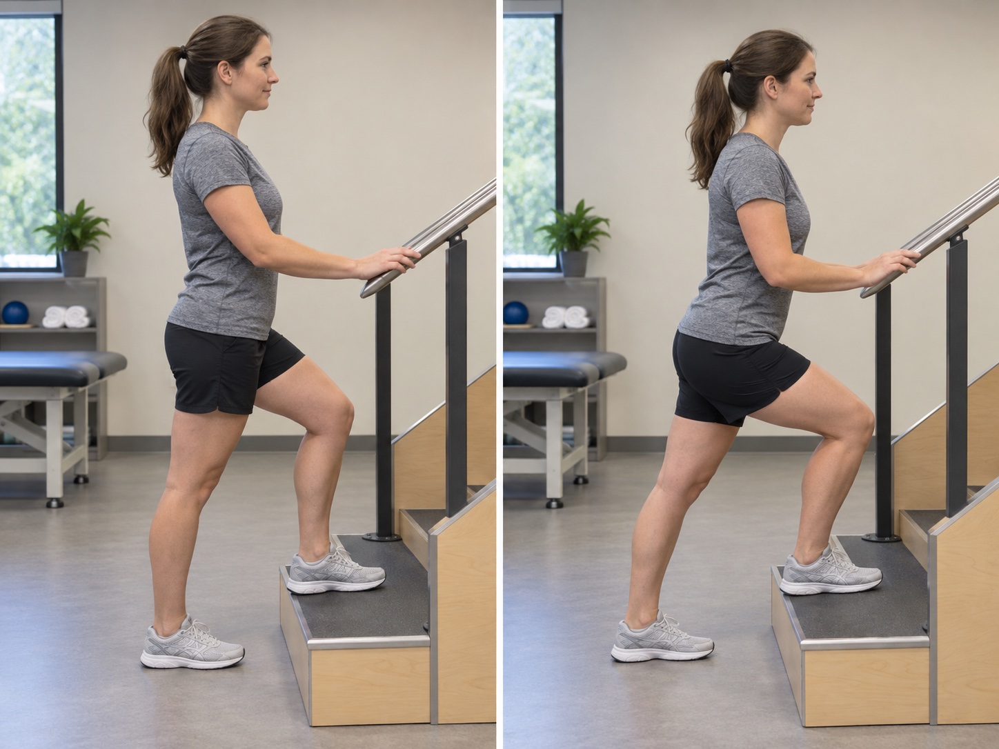Standing Knee Flexion Stair Stretch: start and finish positions