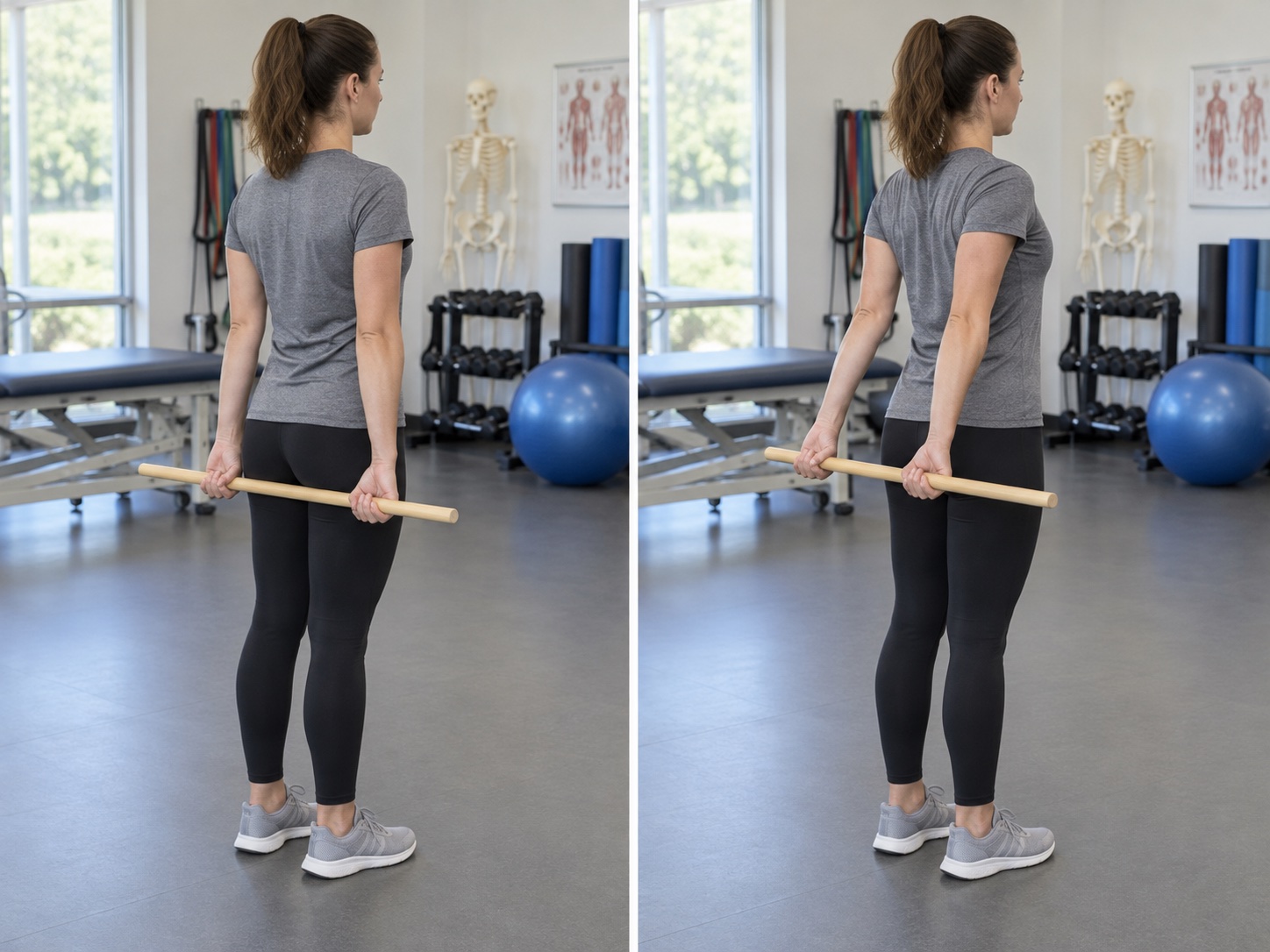 Standing Shoulder Extension with Dowel: start and finish positions