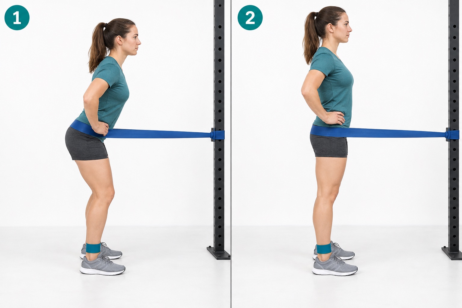 Standing Terminal Hip Extension Band: start and finish positions