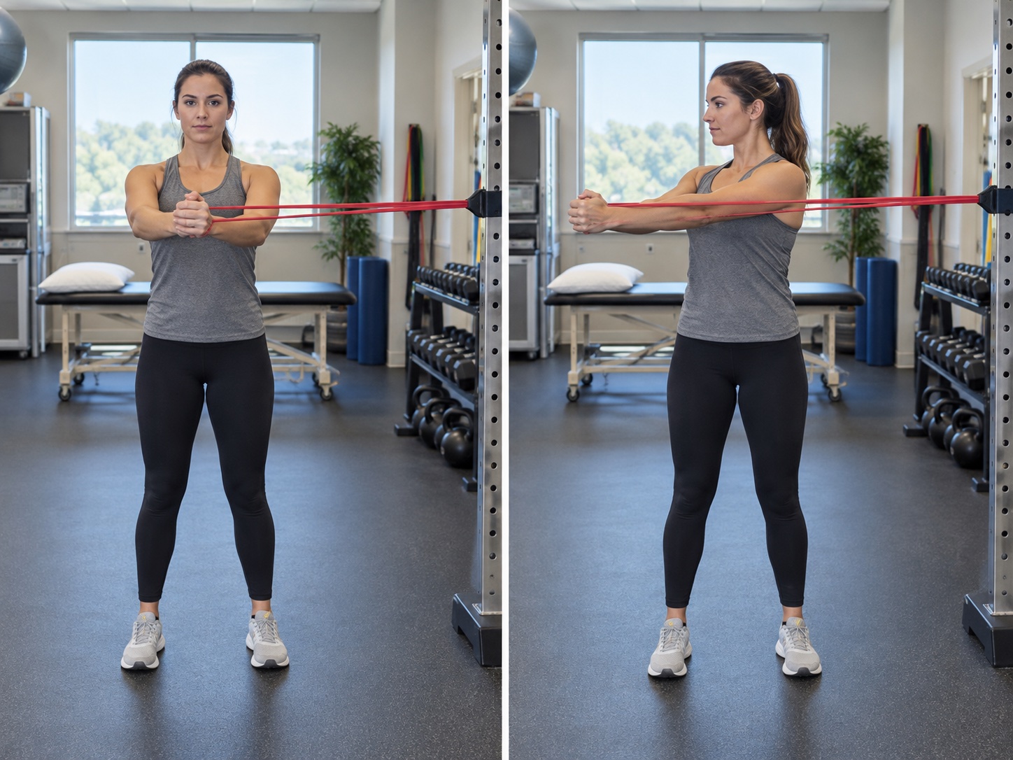 Standing Thoracic Rotation with Band: start and finish positions