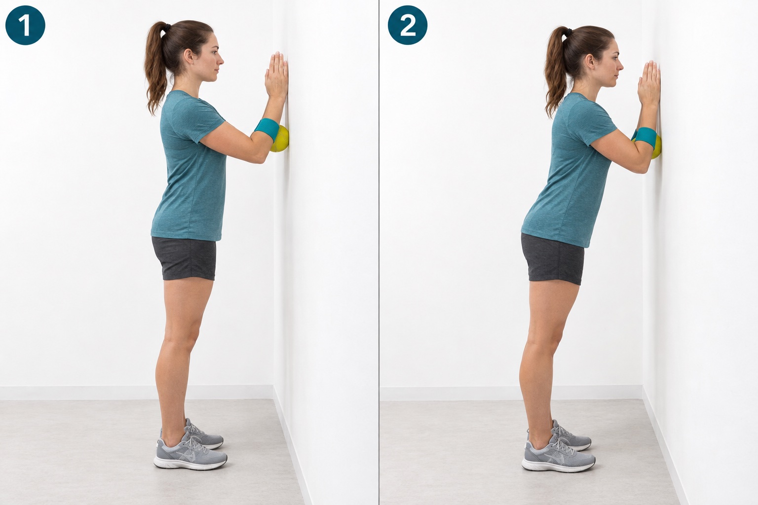 Standing Wall Ball Forearm Press: start and finish positions
