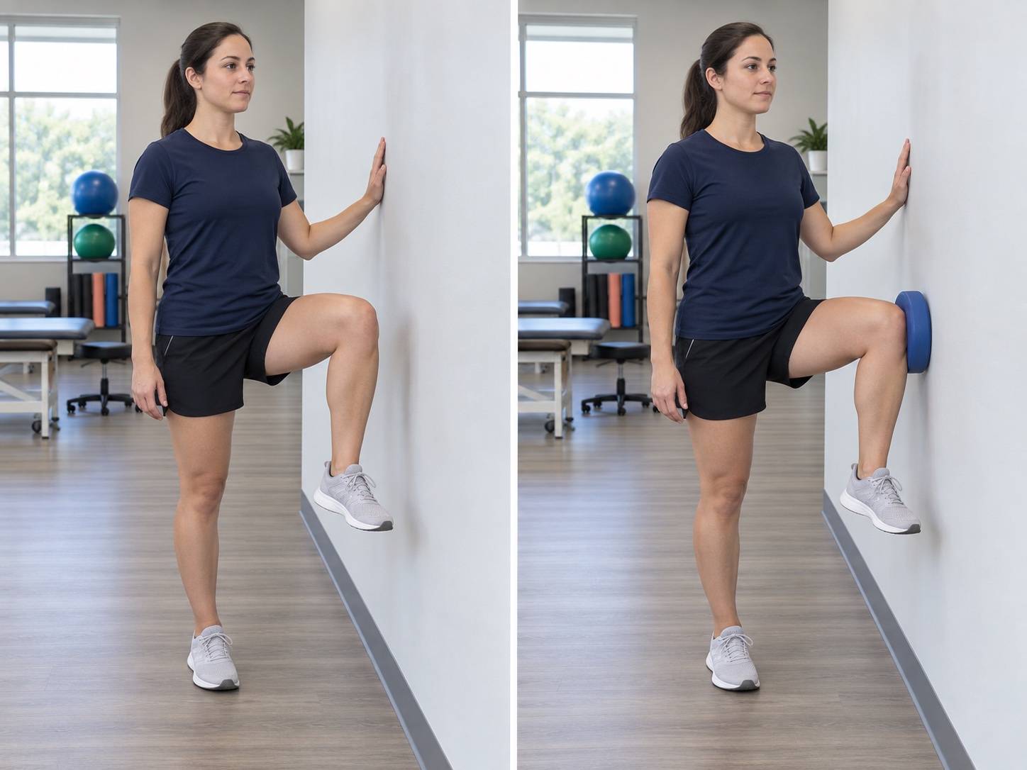 Standing Wall-Press Hip Abduction: start and finish positions