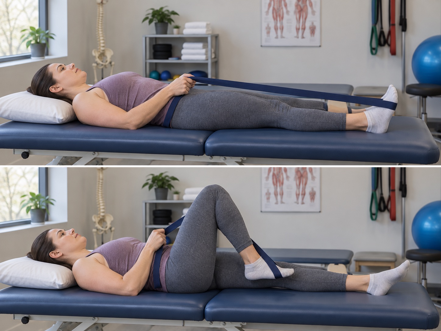 Supine Assisted Hip Flexion with Strap: start and finish positions