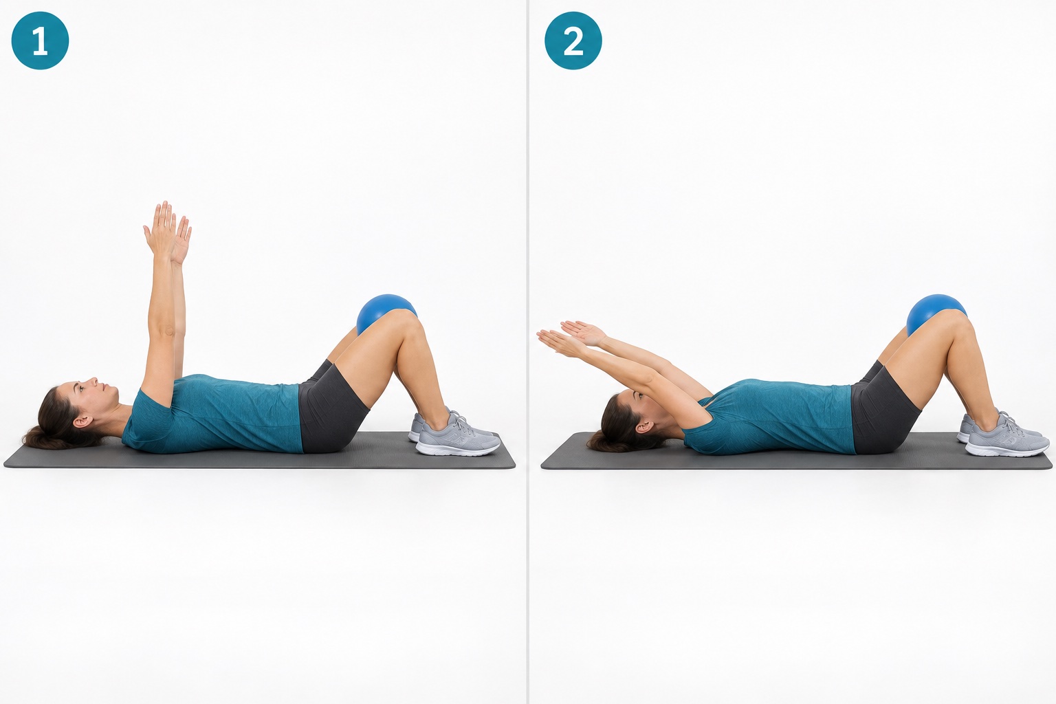 Supine Ball Squeeze Arm Reach: start and finish positions