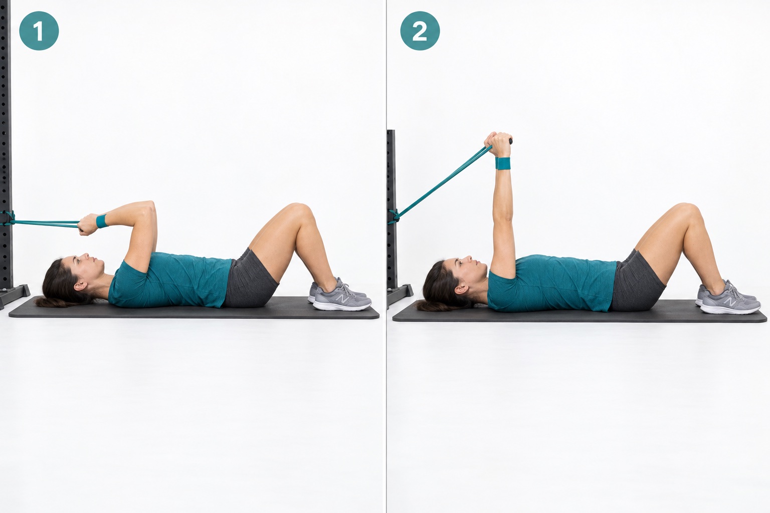 Supine Band Triceps Extension: start and finish positions
