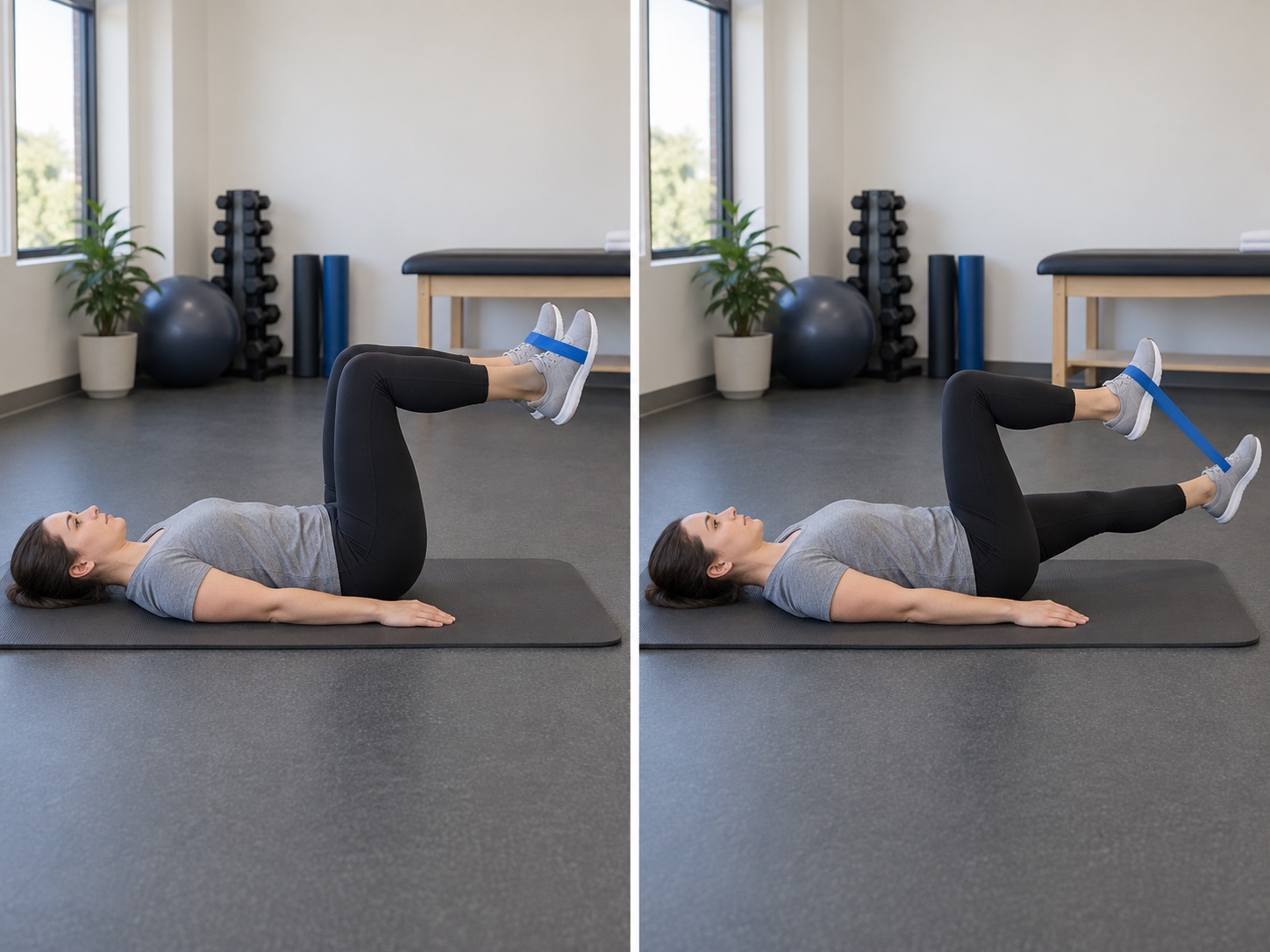 Supine Banded Hip Flexor March: start and finish positions