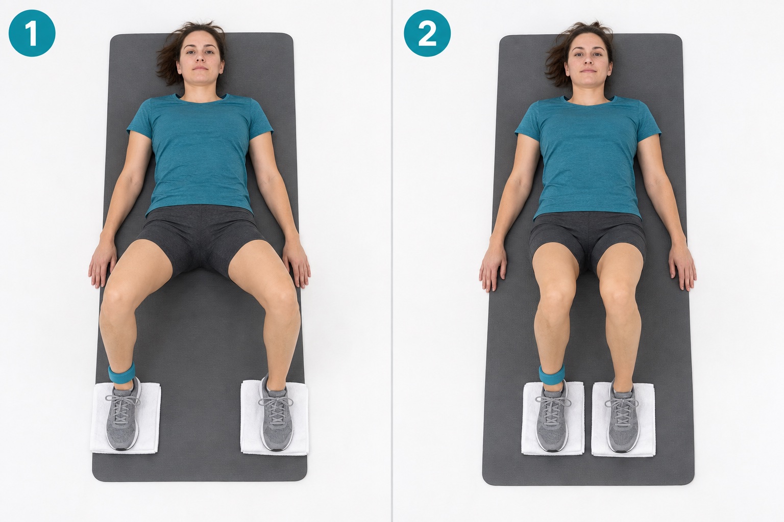 Supine Bent Knee Hip Adduction Slide: start and finish positions