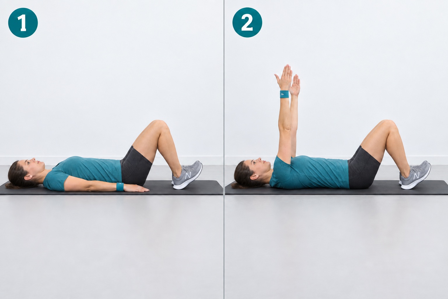 Supine Heel Dig Arm Raise: start and finish positions
