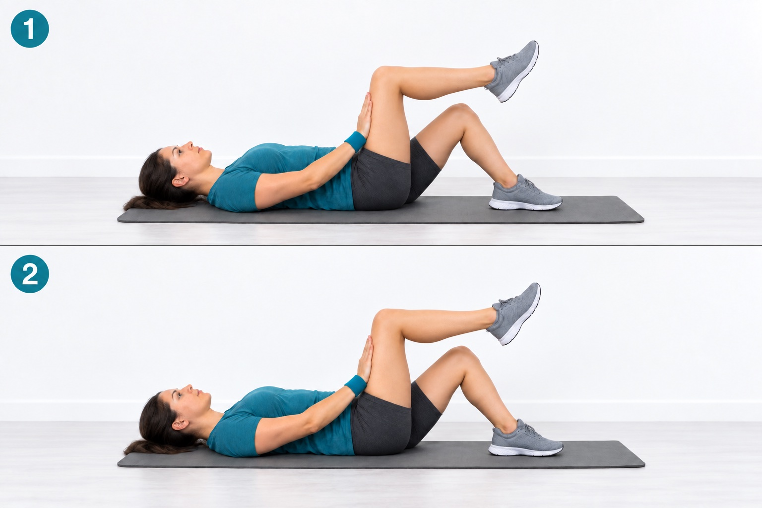 Supine Isometric Hand To Thigh Press: start and finish positions
