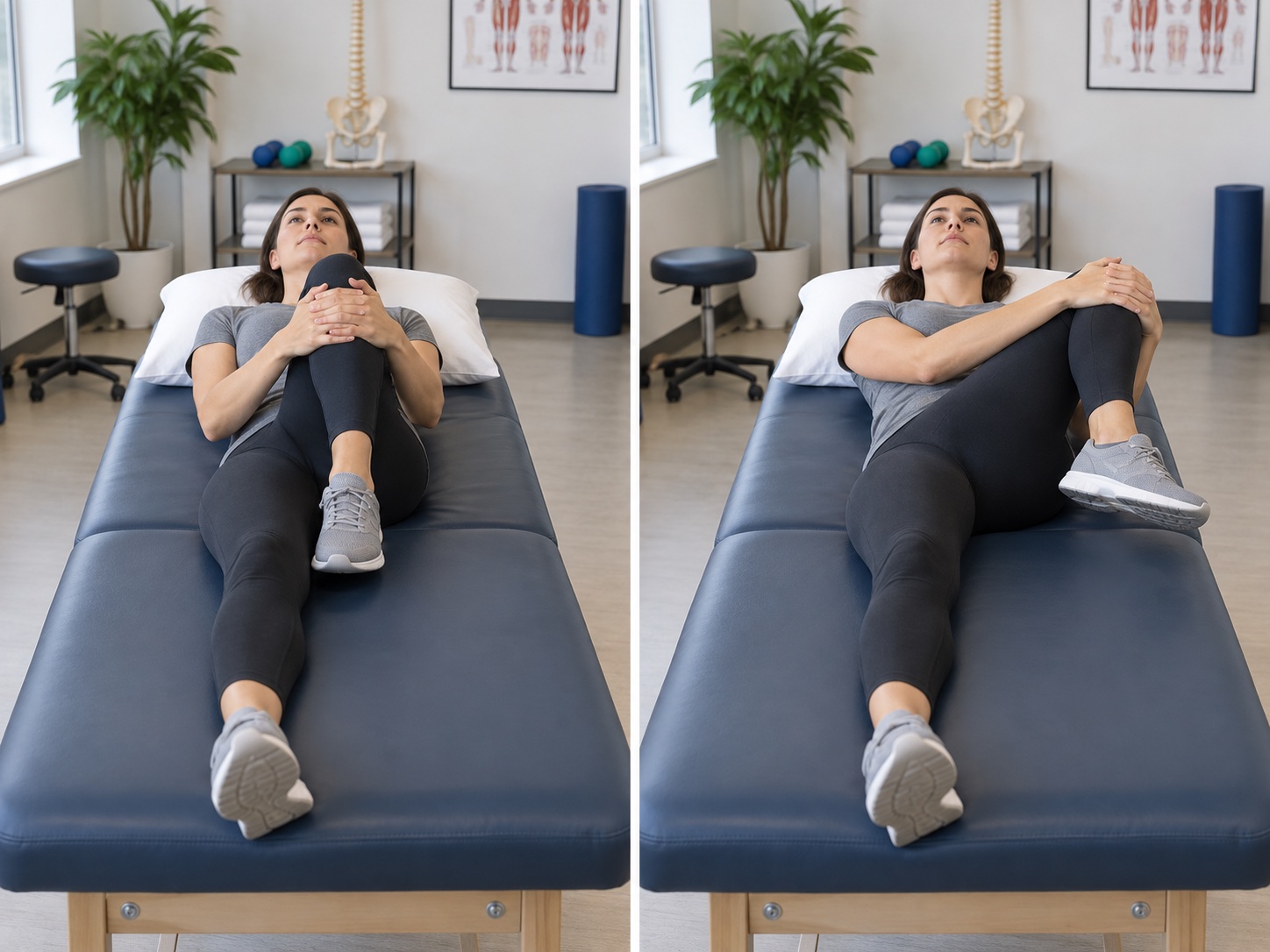 Supine Posterior Hip Capsule Stretch: start and finish positions