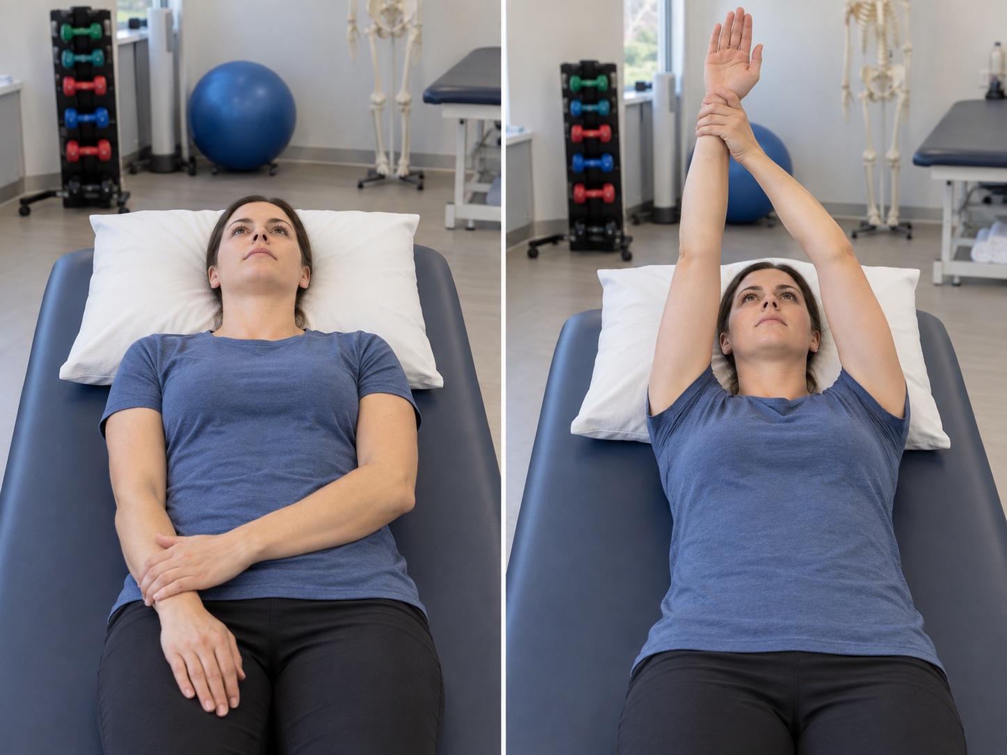 Supine Shoulder Flexion with Opposite-Hand Assist: start and finish positions