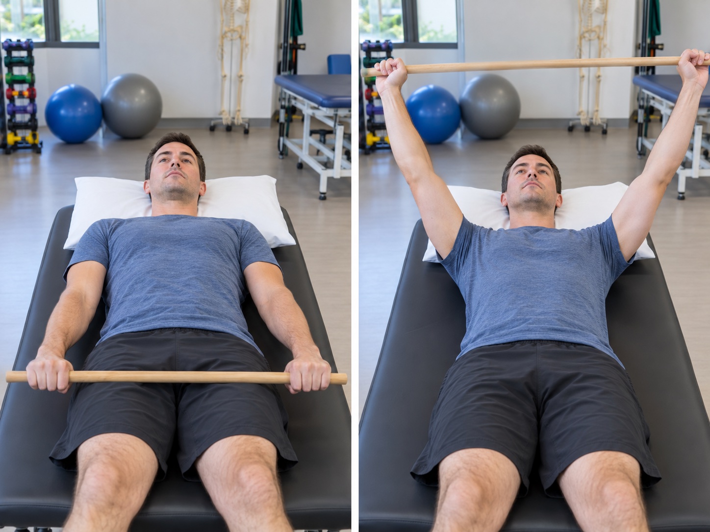 Supine Shoulder Scaption with Dowel: start and finish positions