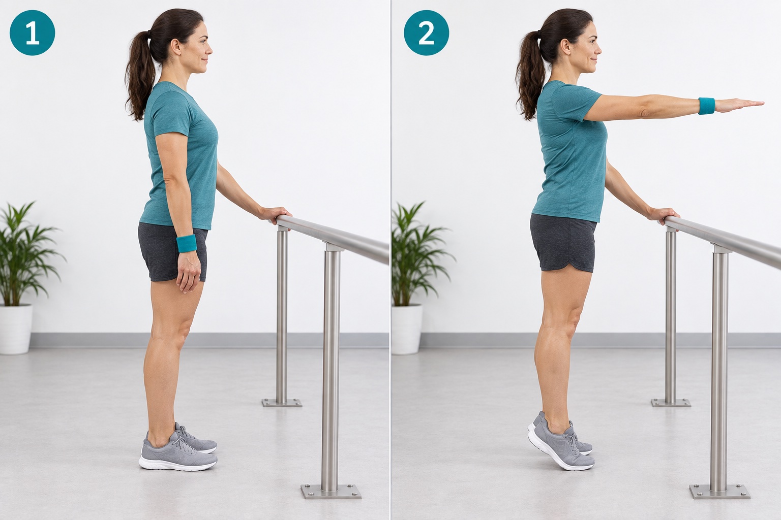 Supported Heel Raise With Forward Reach: start and finish positions