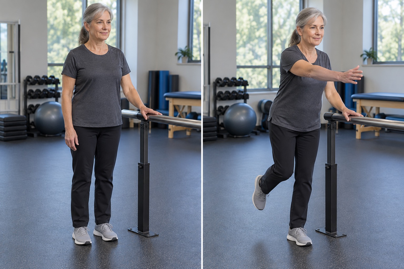 Supported Single Leg Balance Reach: start and finish positions