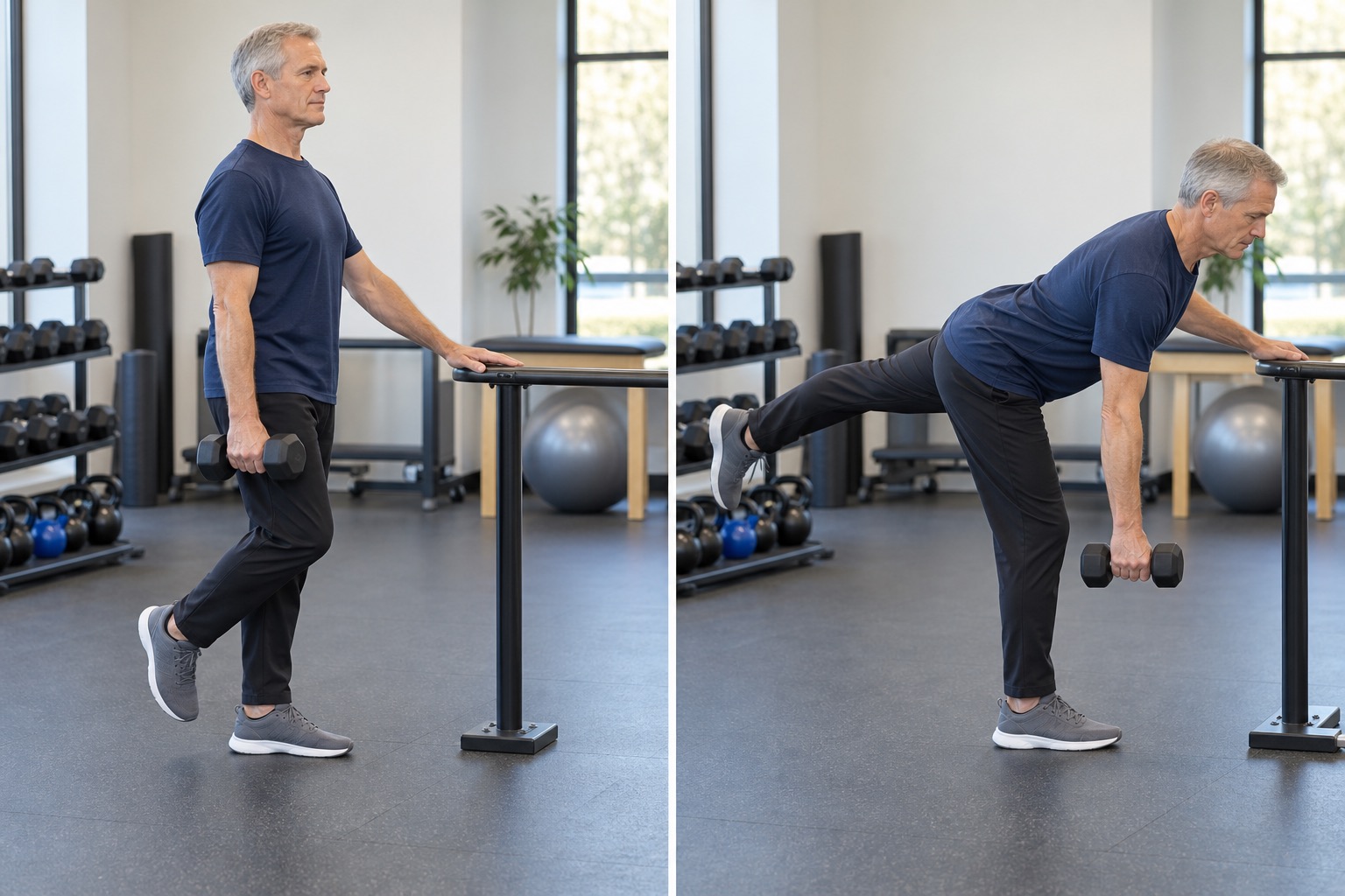 Supported Single Leg Romanian Deadlift: start and finish positions