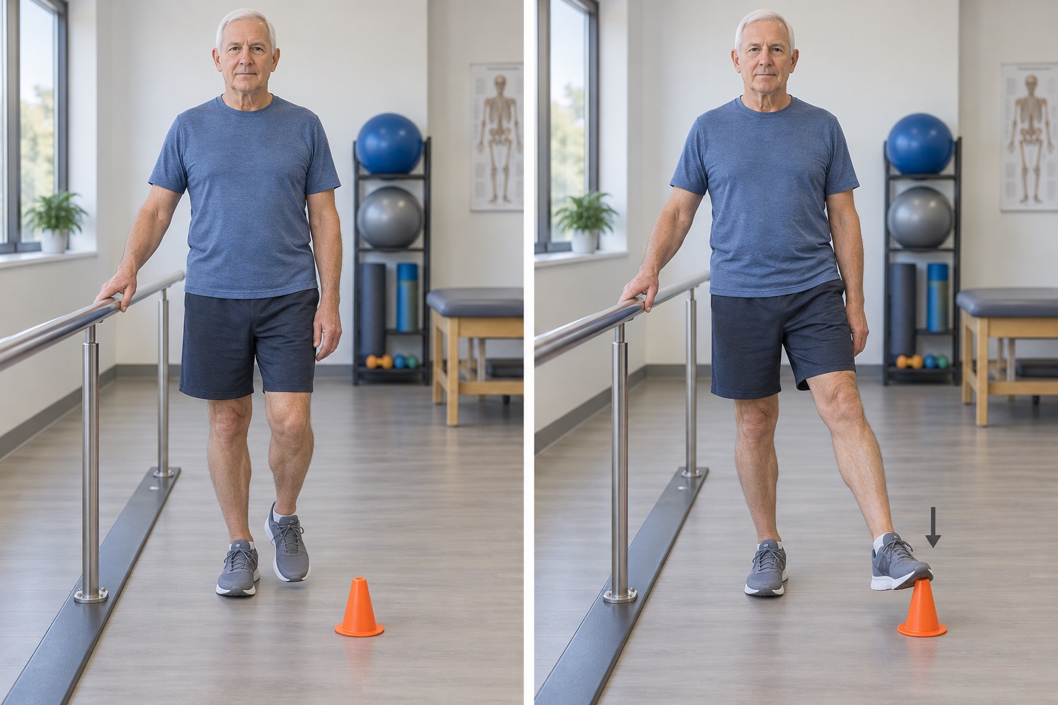 Supported Single Leg Stance Cone Tap: start and finish positions
