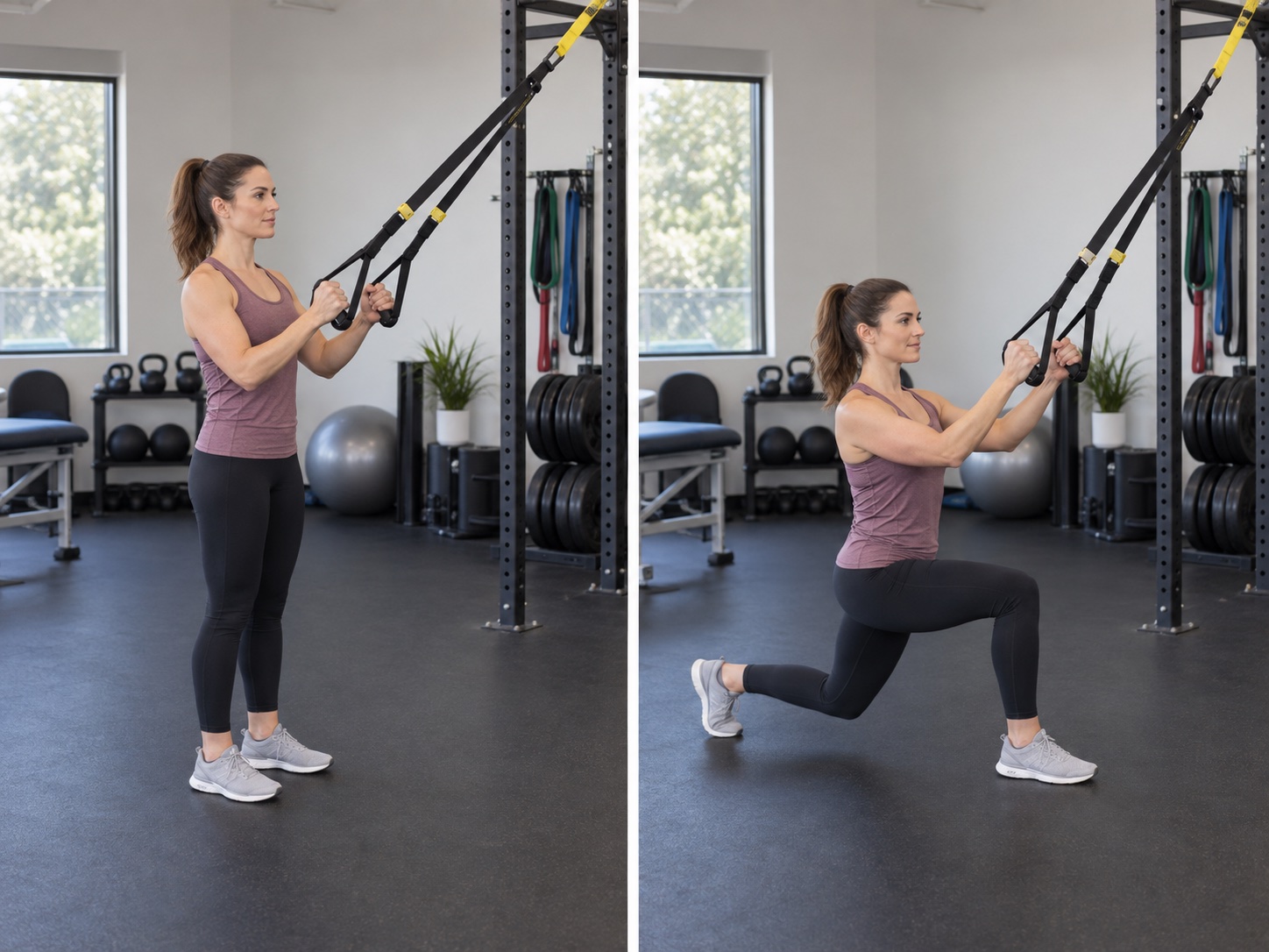 Suspension-Trainer Reverse Lunge: start and finish positions