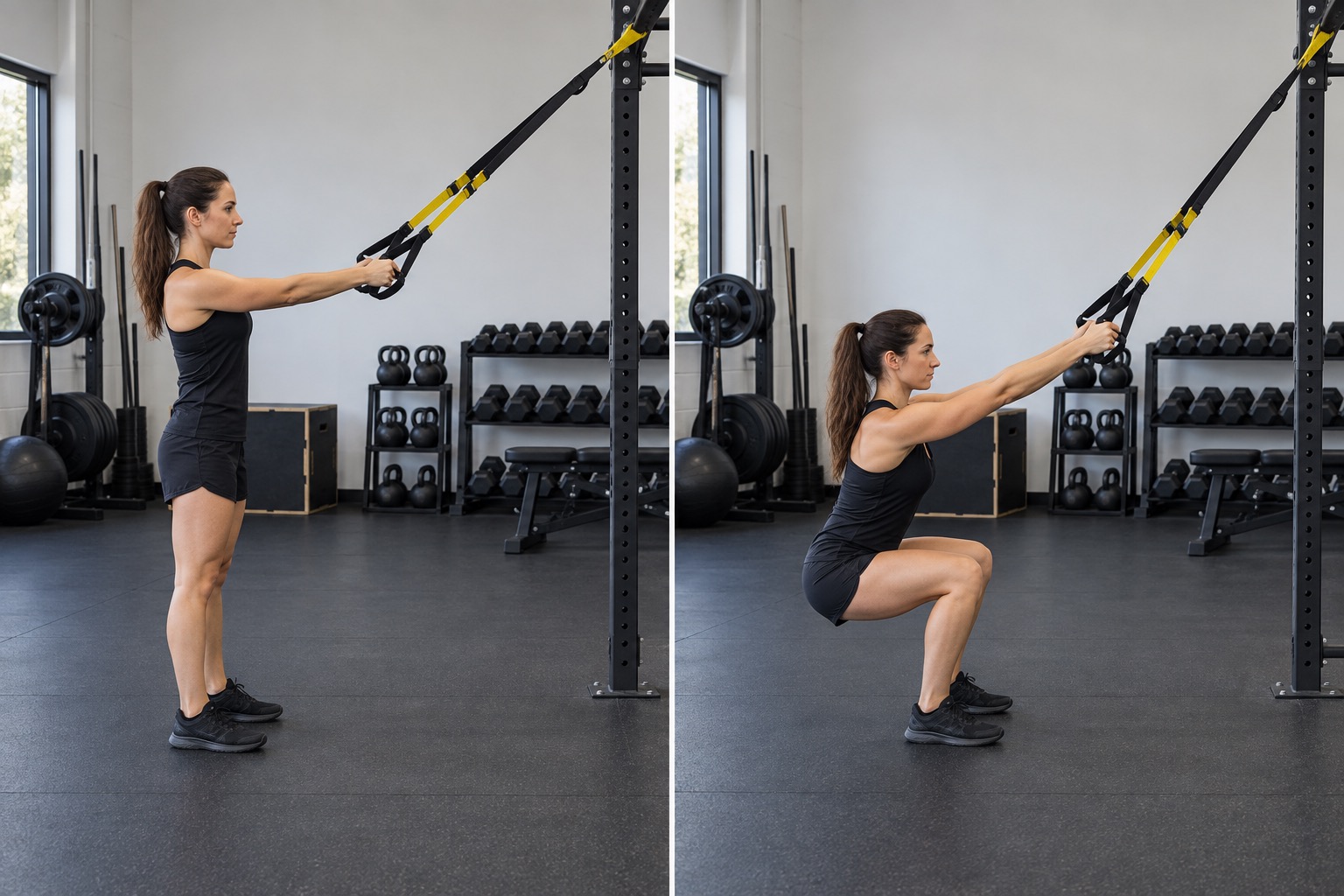 Suspension Trainer Squat: start and finish positions