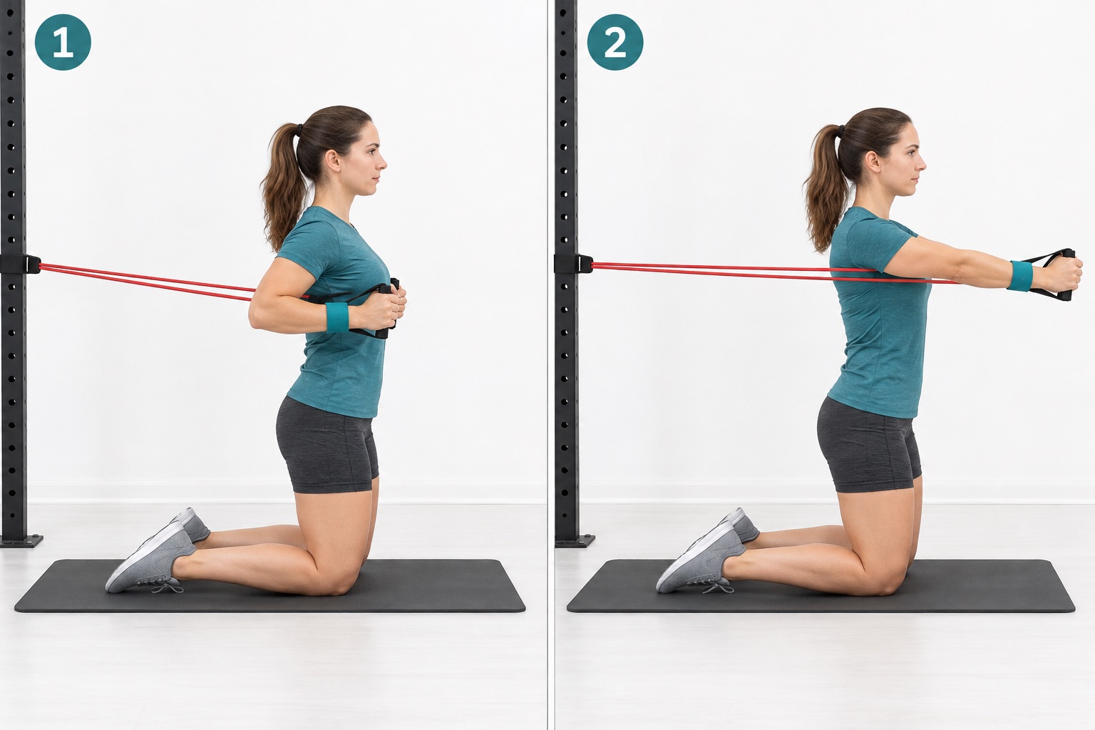 Tall Kneeling Band Chest Press: start and finish positions