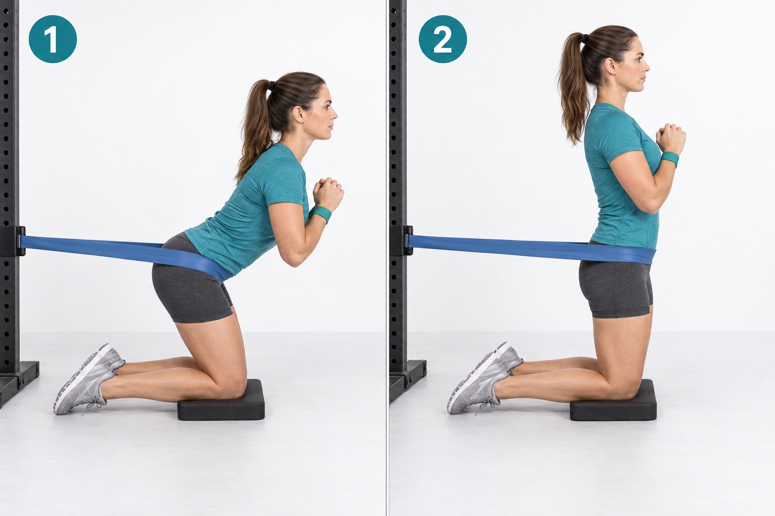 Tall Kneeling Band Hip Hinge: start and finish positions