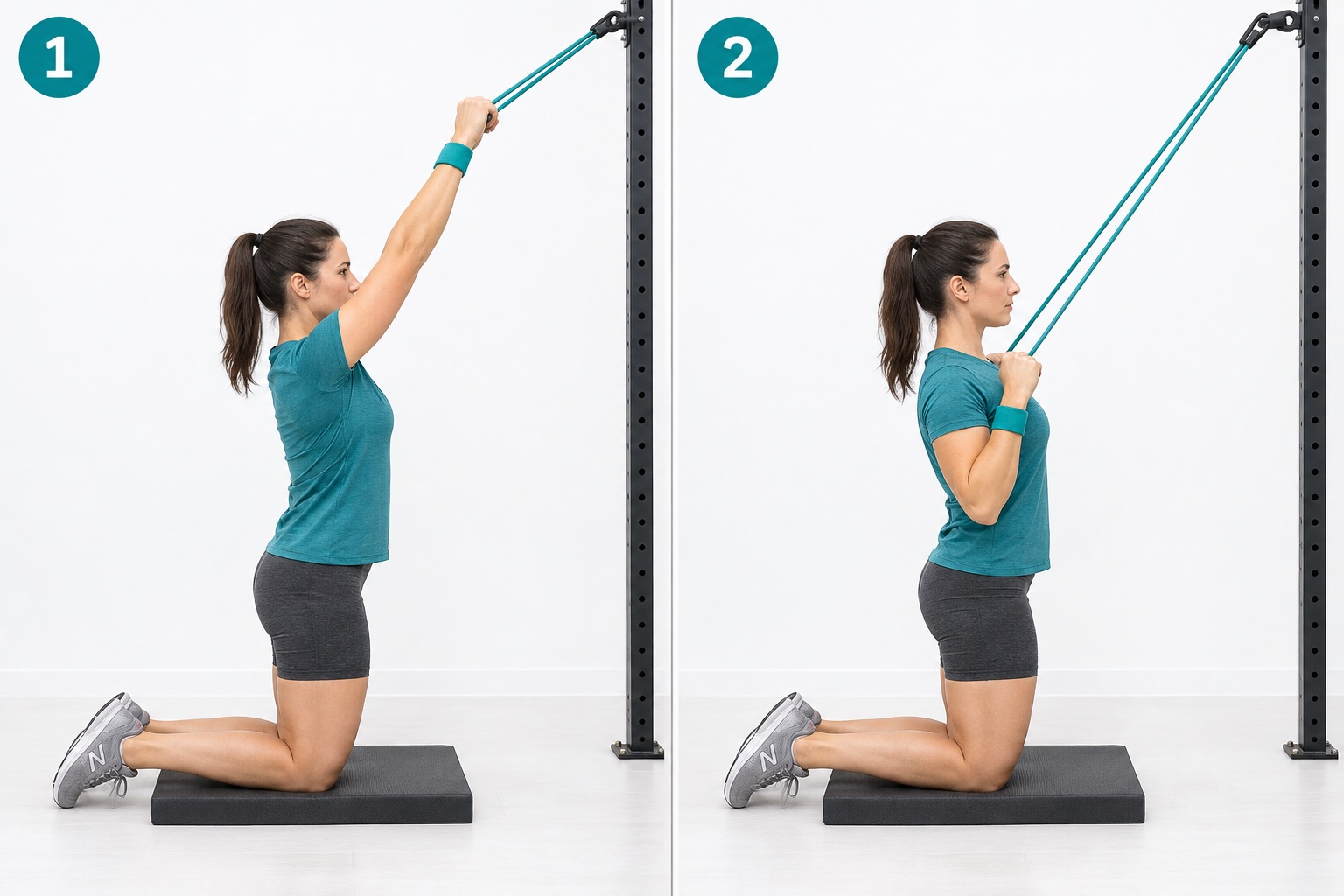 Tall Kneeling Band Lat Pull: start and finish positions