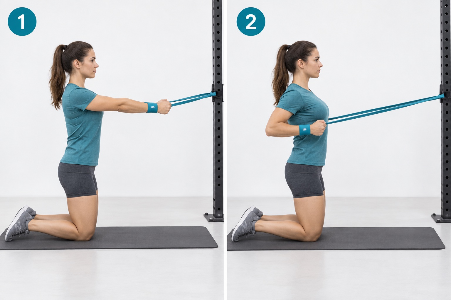 Tall Kneeling Bilateral Band Row: start and finish positions