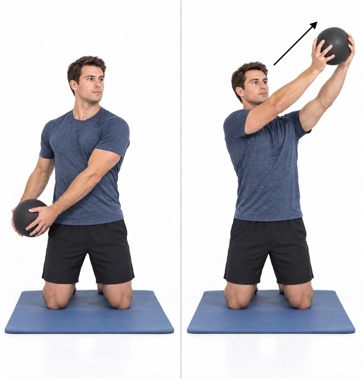 Tall Kneeling Diagonal Medicine Ball Lift: start and finish positions