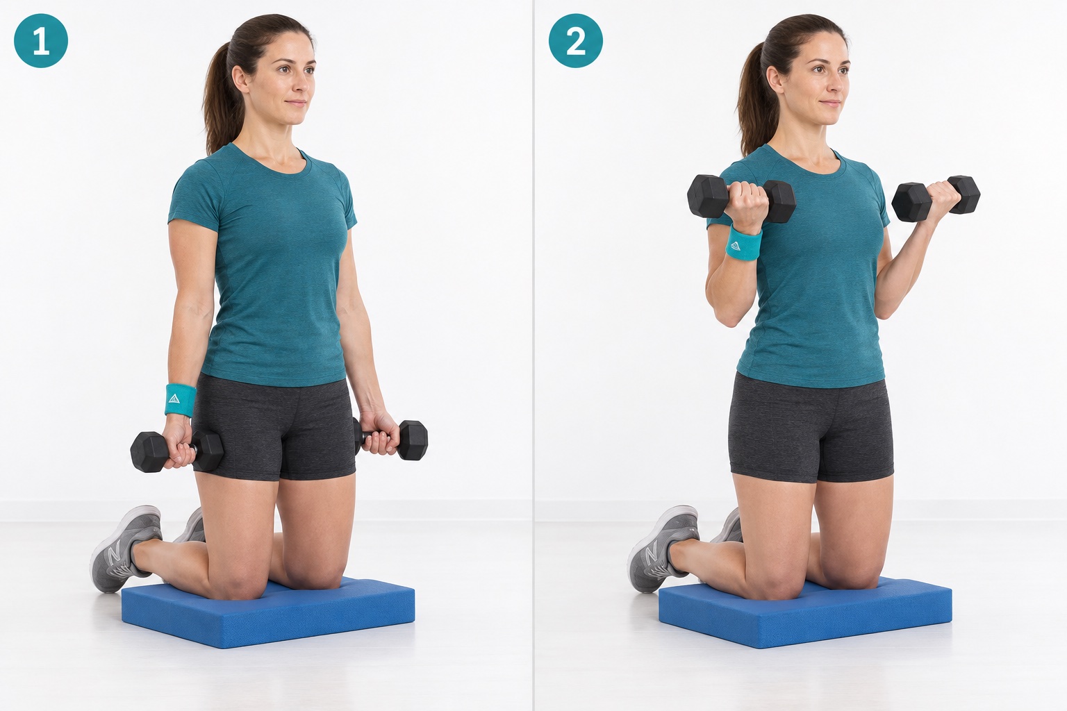 Tall Kneeling Dumbbell Curl: start and finish positions
