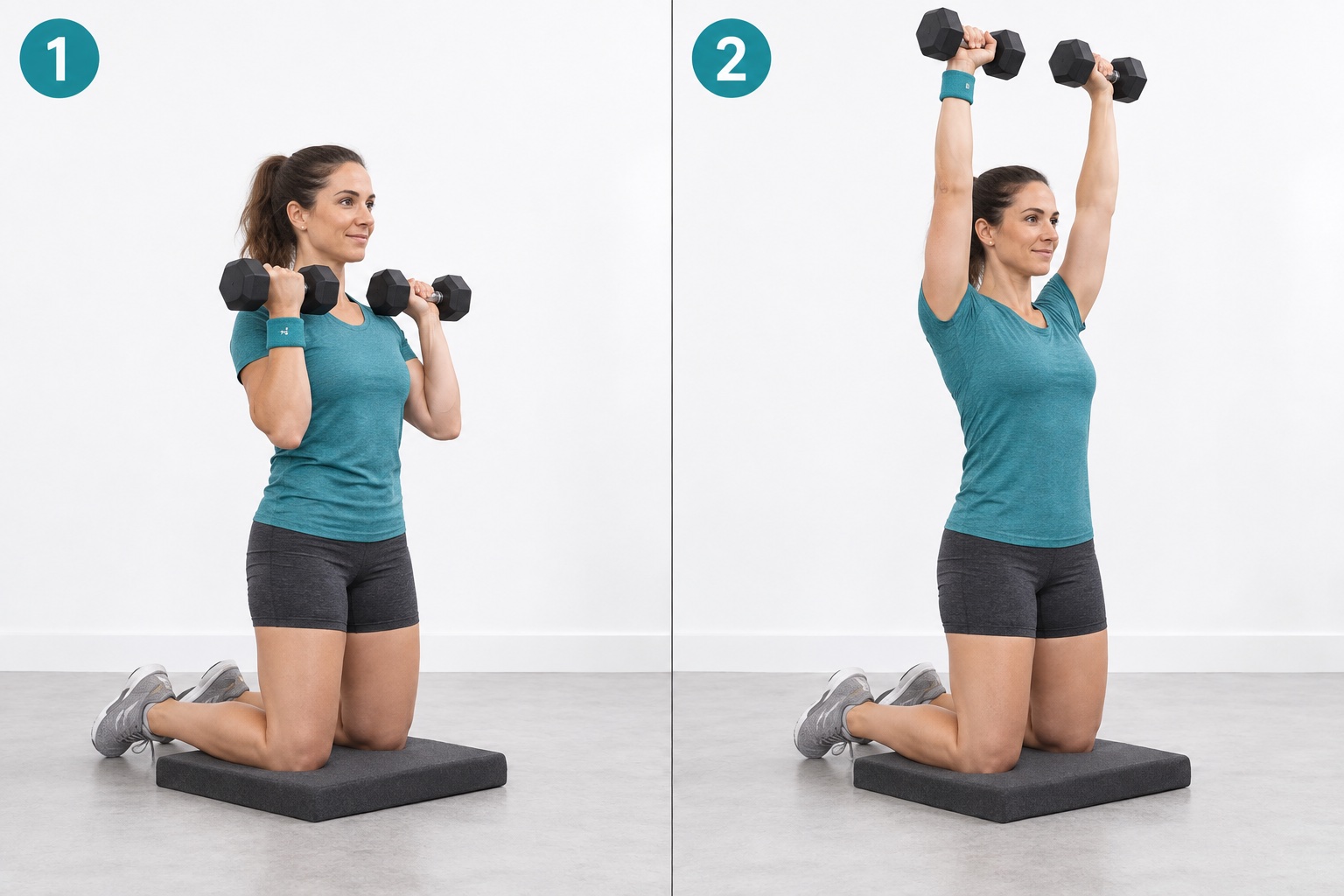Tall Kneeling Dumbbell Shoulder Press: start and finish positions