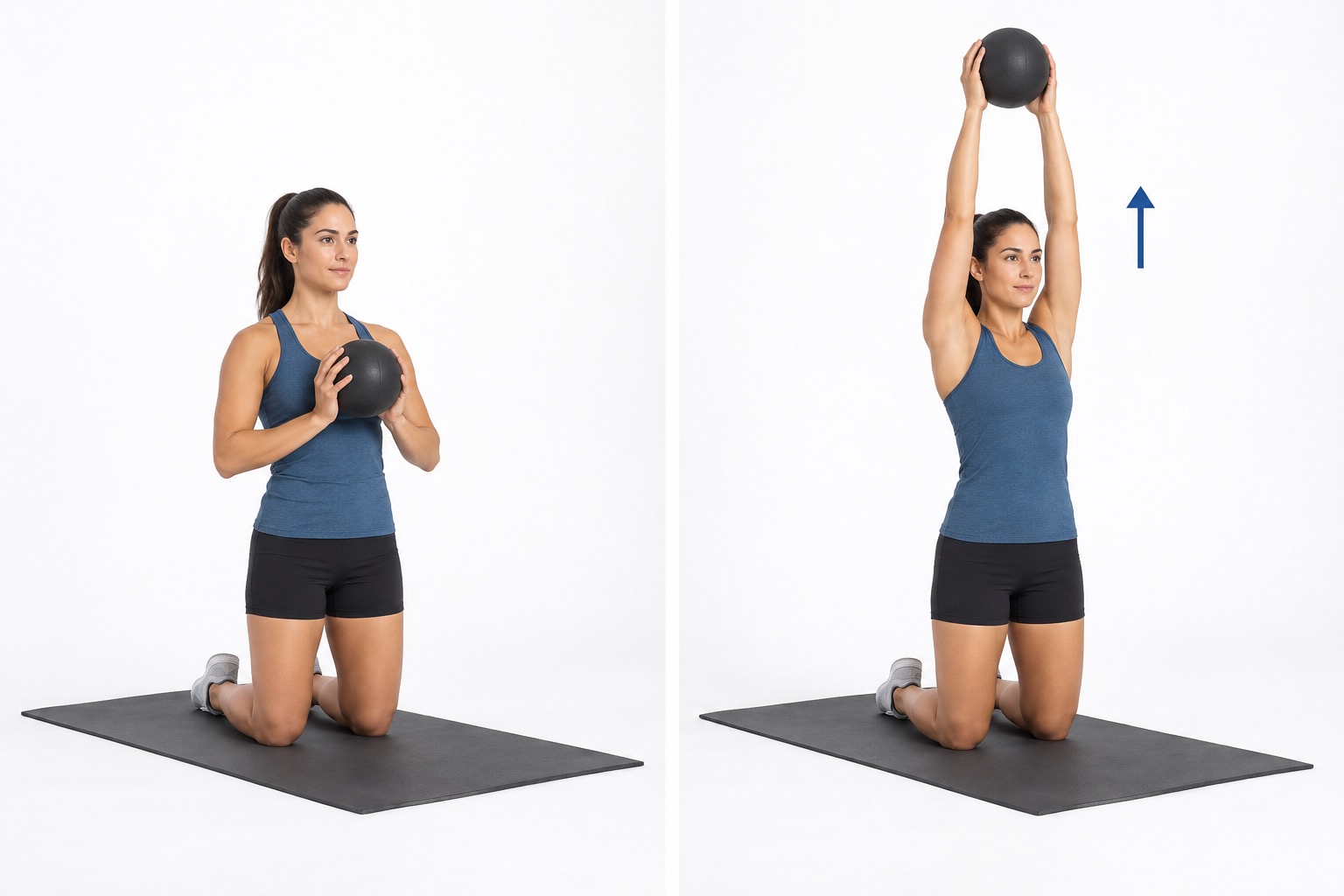 Tall Kneeling Overhead Medicine Ball Hold: start and finish positions